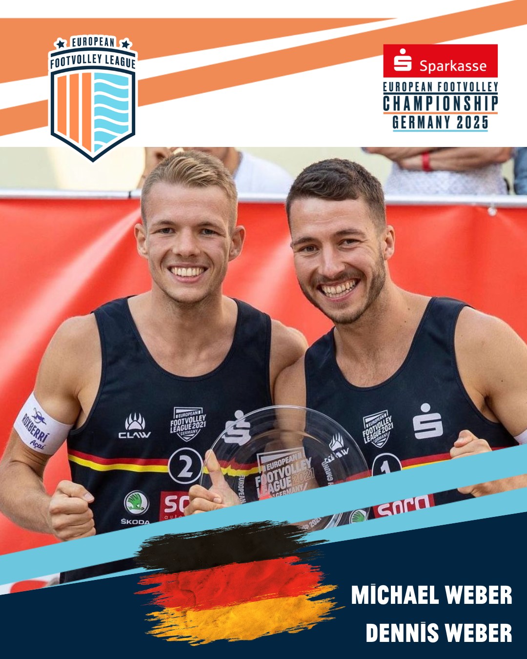 These are our teams for the European Footvolley Championship, taking place from Friday, 27 June to Sunday, 29 June 2025!
Say hello to GER 1: Michael Weber & Dennis Weber🔥