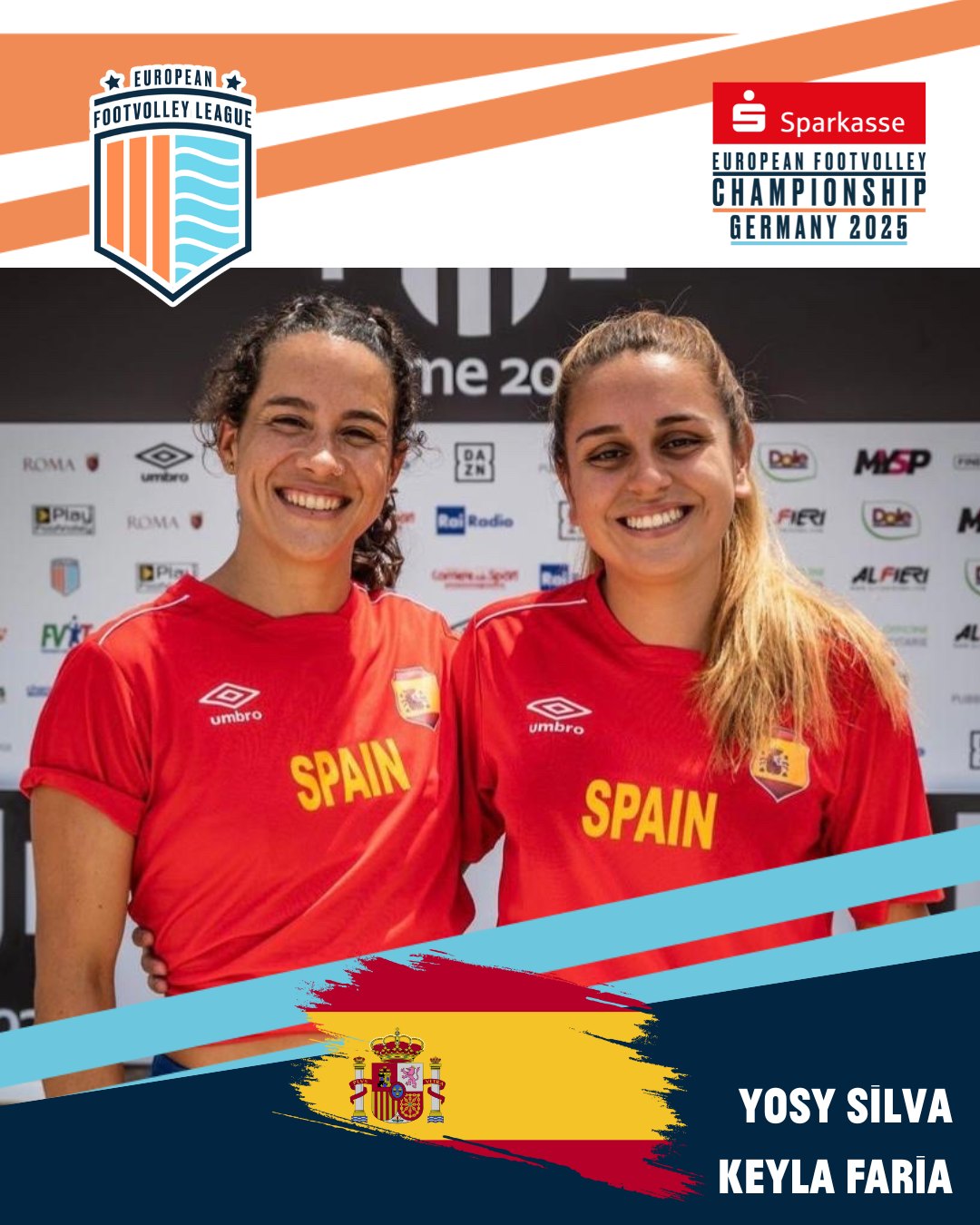 These are our teams for the European Footvolley Championship, taking place from Friday, 27 June to Sunday, 29 June 2025!
Here comes ESP: Yosy Silva & Keyla Faria 🔥