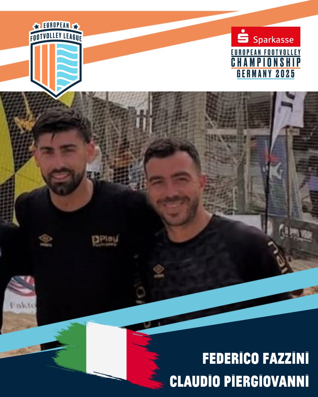 These are our teams for the European Footvolley Championship, taking place from Friday, 27 June to Sunday, 29 June 2025!
Here comes ITA 2: Federico Fazzini & Claudio Piergiovanni🔥