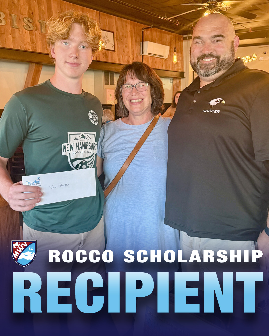 Congrats to Jack Heysler, winner of MWV Soccer Club's 2025 Rocco Scholarship! Sponsorships and your individual contributions allow MWVSC to continue to offer quality programming, and to support players like Jack who have shown exceptional commitment to the club. Many thanks to all who came out to support the club last night at the Dine to Donate event at Chef's Bistro!
#mwvsc #mountwashingtonvalley #soccerscholarship #dinetodonatefundraiser #supportsoccer⚽️ @chefsbistro_nh