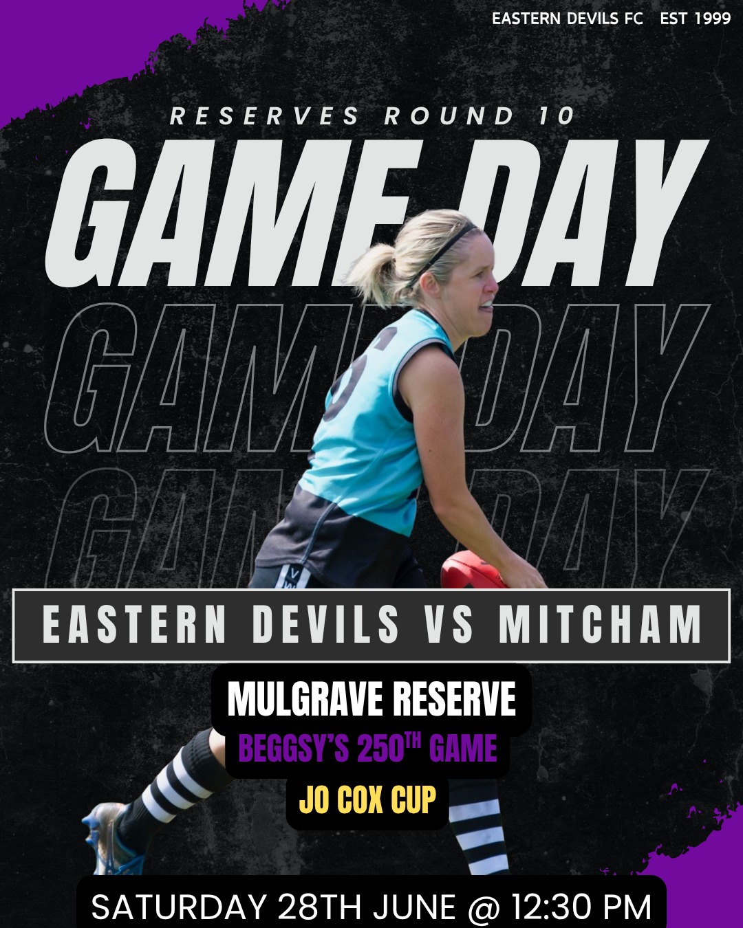 This weekend is Jo Cox cup as well as a celebration of huge milestones for two premiership Devils!
It will be an incredible day, starting with our seniors at 10:40am followed by the reserves facing off for the Jo Cox Cup at 12:30pm.
Our canteen and bar will be open as well as a BBQ and bake sale!
Please join us celebrating this huge day for our club!!
Can't wait to see you there 😈