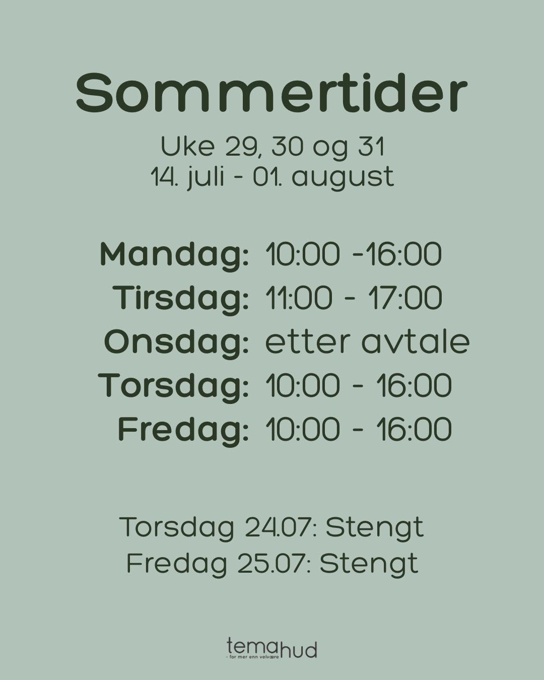GLADNYHET! I år holder vi åpent gjennom hele sommeren 🏪
Emilie er tilgjengelig i salongen uke 29, 30 og 31 (14. juli - 1. august), med unntak av
torsdag 24.07 og fredag 25.07, med mulighet for timeavtaler ved gitte tidspunkter (se bilde ☝🏼)
❗Åpningstidene disse ukene vil være noe redusert, og vi ønsker å gjøre oppmerksom på at det kan forekomme endringer.
Trenger du påfyll av produkter? 🛍
Dersom du ønsker å forsikre deg om at vi er i salongen når du har mulighet til å komme innom, så ring oss gjerne eller send melding til 📞 455 05 539
Dersom du har behov for å komme i kontakt med oss etter stengetid eller over helgen - send oss en mail til post@temahud.no, så vil vi besvare henvendelsen din så fort vi kan ☺️
#TemaHud #formerennvelvære #Asker #Nesbru #Holmen #holmensenter #hudpleie #hudpleieasker #hudpleienesbru #hudpleieholmen #hudpleietips #hudpleieprodukter #hudpleierutine #hudpleiesalong #handlelokalt #støttsmåbedrifter