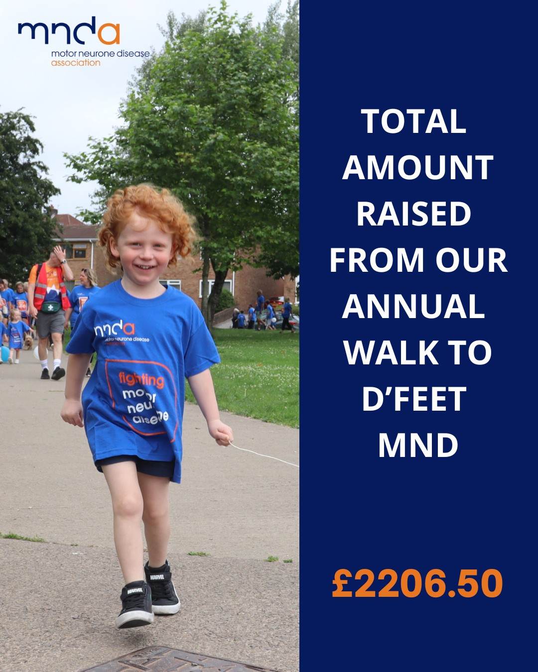 ๐ A huge thank you to everyone. ๐
Last weekend, we came together for our Annual Walk to D'Feet MND, and it was an incredible success. Over 200 amazing individuals registered to take part, and thanks to your generosity and support, we raised a total of ยฃ2206.50. ๐ ๐
A heartfelt thank you to everyone who helped organize the event, and a massive thank you to all of you who joined us, walked with us, and donated. Your support means the world to us and is vital in helping us continue the fight against MND. ๐
We look forward to seeing you all again next year. Letโs make it even bigger and better. ๐
#MND #DFeetMND #WalkToDFeet #MNDSouthWales #CharityWalk #FundraisingSuccess #TeamMND #MNDResearch #EndMND #TogetherWeFight #CommunitySupport #ThankYou #StrongerTogether #MakeADifference #MNDWarrior #SupportMND