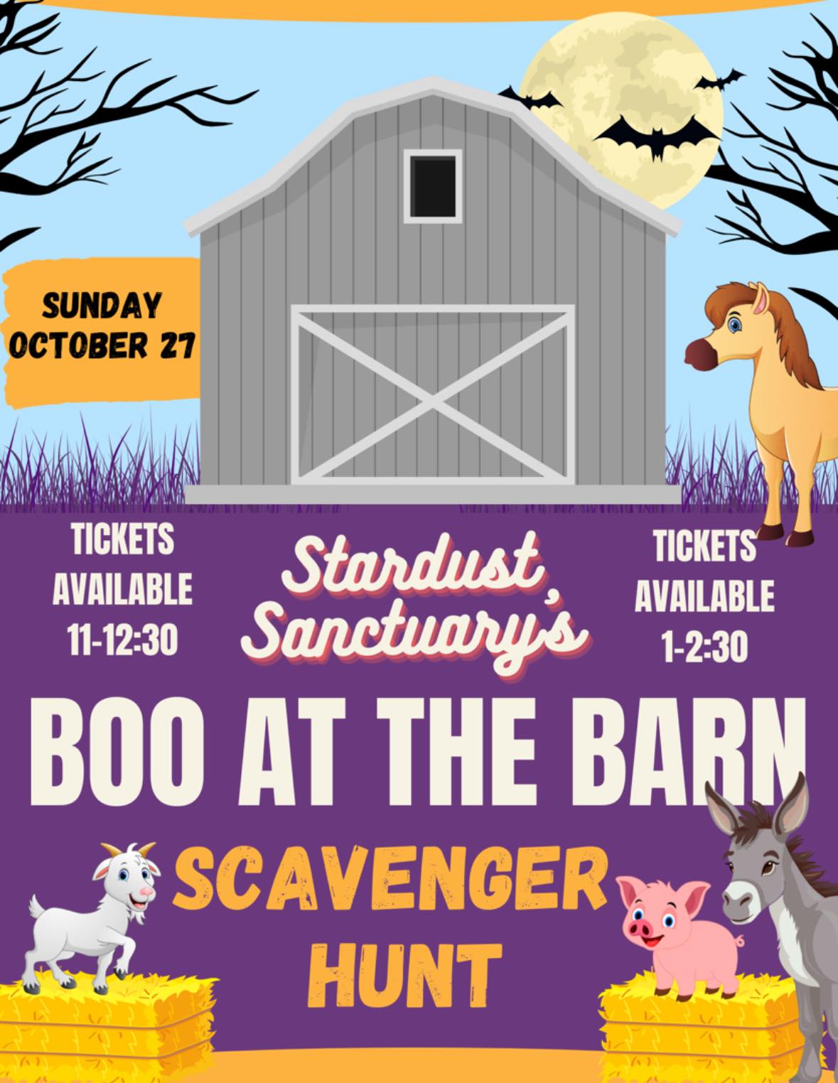 We had so much fun meeting new friends at the Sanctuary for our first activity, that we decided to squeeze in one more before Halloween!
Join us for an educational scavenger hunt at our barn! Tickets are only $10, with craft and sensory activities available for an additional cost to support our furry friends’ feed and veterinary bills.
This is a great way to step into the Sanctuary and learn about what we’re working on bringing to the community.
We’re offering two time slots to come visit this Sunday, Oct 27:
11-12:30 and 1-2:30
Each time slot provides the opportunity to walk around and say hello to animal friends, play at the playground and participate in the Halloween scavenger hunt.
There are a limited number of tickets available and they are required to visit.
Register here: stardustsanctuaryca.org/visit