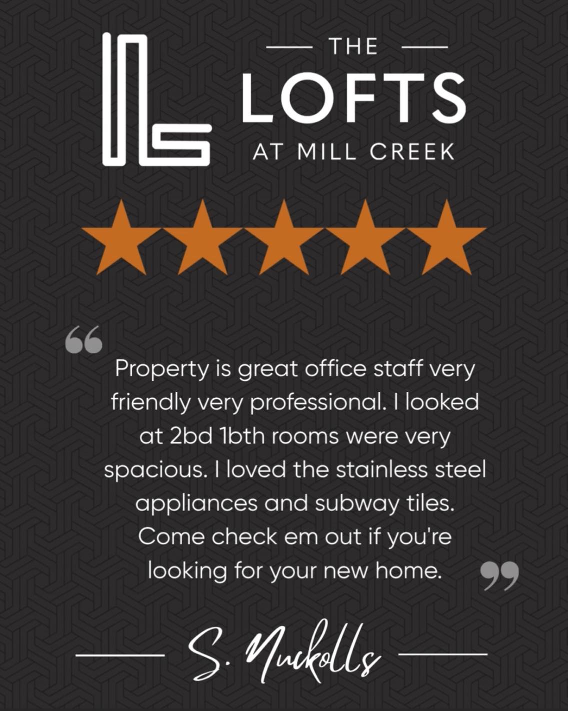Thank you for the 🌟🌟🌟🌟🌟 review! Come experience The Lofts at Mill Creek differene!