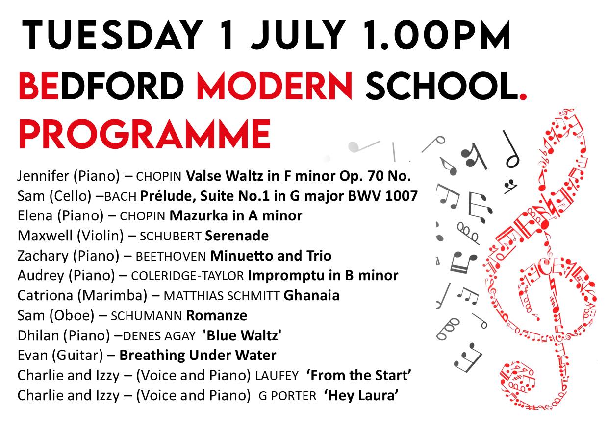 In the spirit of providing true variety in our Tuesday recital series, and supporting local music where we can, next Tuesday - 1st July at 1.00pm - we have something completely different when we welcome pupils from local Bedford Modern School to St Paul’s Church.
Adam Wright, teacher in the Music Faculty, will introduce a series of individual performances from his students, including piano, cello, marimba, violin, guitar and piano with voice. The audience will be able enjoy a total of 11 individual performances.
Bedford Modern has been shortlisted for the Independent School of the Year Award for Performance Arts and Music.
The school caters for academic music teaching in addition to providing instrument and vocal lessons for around 375 students and excels in co-curricular music for students of all abilities and interests. Activities include a symphony orchestra, string orchestra choirs, dance and jazz bands and various chamber groups for string, wind percussion and brass players.
The Bedford Modern School ensembles are in demand at many events around the county.
Remainder of summer term:
We are on the final straight in our summer term series and our autumn programme of recitals will be available from July 15th.
Finally, please note that the start of the organ recital on Saturday July 12th has been moved back from 12.00 noon to 1.00pm to fit with the schedule of the St Paul’s Open Day.
Thank you for your continued support of our recitals at St Paul’s, which helps the musicians who come to perform and brings valuable income to the church. Remember to follow our Facebook page which is regularly updated with news of forthcoming events.
The St Paul’s Concert Team
(Registered Charity Number 1134614)