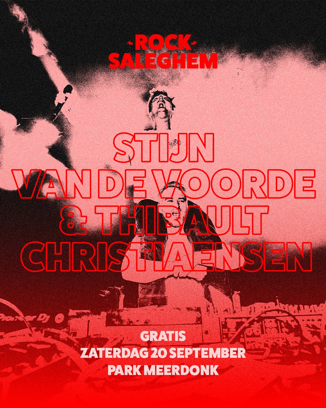 Band nr 5: Stijn Van De Voorde & Thibault Christiaensen! Thibault en Stijn leerden elkaar kennen op Studio Brussel. De rest is geschiedenis. De twee draaien niet zomaar platen. Met behulp van de juiste gitaarriffs, stuwende baslijnen en uitdagende drumpartijen brengen ze hun publiek genadeloos in een uitzinnige trance. Dit effect noemt men met een ingewikkelde term ook wel eens 'rock-'n-roll'. Van meezingbare klassiekers van Queen en Oasis, over pompende bangers van The Strokes en The Hives. Dansen is een minimum, crowdsurfen een must. De rechten op de gebeurtenissen tijdens hun sets op Pukkelpop, Crammerock en in The Hive van Rock Werchter werden intussen verkocht aan Hollywood.
Thibault Christiaensen schreef de Equal Idiots-hit Put My Head in the Ground.
Stijn Van de Voorde schreef vol overgave deze beknopte bio. #waasland #GRATIS #rocksaleghem #meerdonk #feest #free