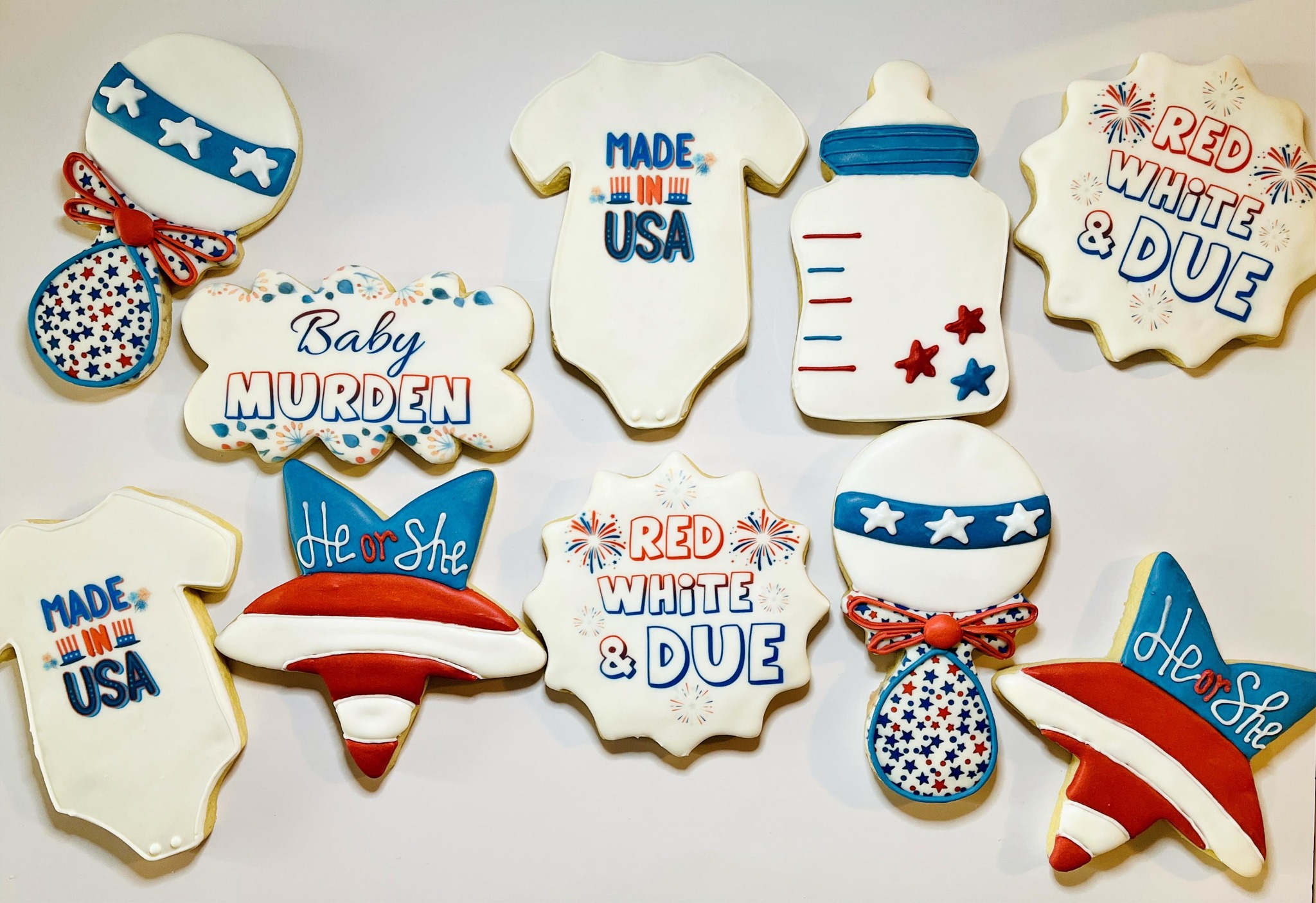 Red, White & DUE... He or She...cookies for a gender reveal gathering. We love having a little part in such a joyful day!