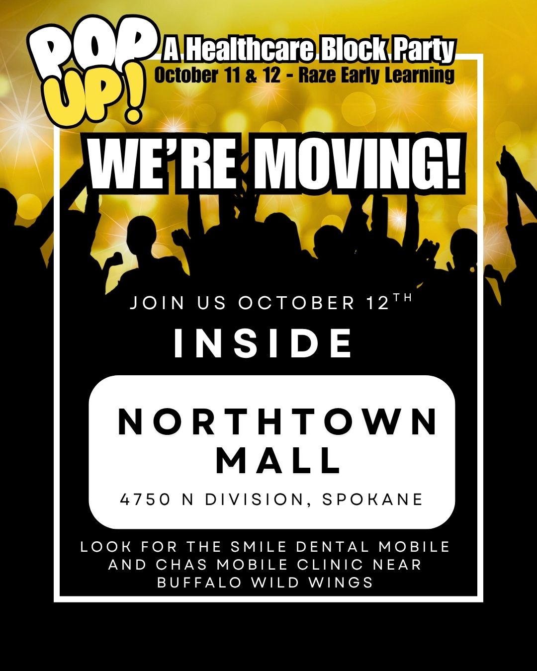 📢Tomorrow!
Sunday, October 12th, our healthcare block party will move INSIDE @northtown_mall.
No rain, no wind, no cold, just healthcare, community, food, fun, and YOU!
📍Join us at 4750 N Division, Spokane.
👀Look for the Smile Dental Mobile and CHAS mobile clinic near Buffalo Wild Wings
💞Tour our service providers and vendors in a nice warm space!
We’ve got primary care services, dental exams with a Black tooth fairy, eye, speach, hearing, and cognitive screenings, free food from RJs and Blessings and Beyond, music from Nu Jack City, and more amazing prizes to give away - UW football tickets and Best of Broadway Lion King tickets!
�Come on down! You don’t want to miss this.
Shout out to Genesis with Shootfest Basketball for calling the audible and helping us pivot!
#communityhealth #spokanewashington #vibesandvitalsigns #majirising #volunteer #healthcare #Washington #wellness