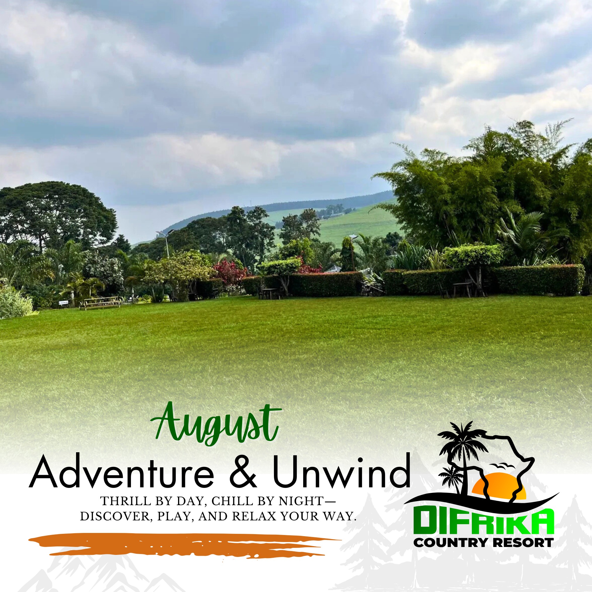 August Adventure & Unwind
Thrill by day, chill by night—discover, play, and relax your way. Family Bonding Week – group games, camping, BBQs, storytelling around the fire.
#AugustAdventureAndUnwind
#ExploreRelaxRepeat
#DifrikaAugustVibes
#UnwindUGStyle
#ThrillAndChill