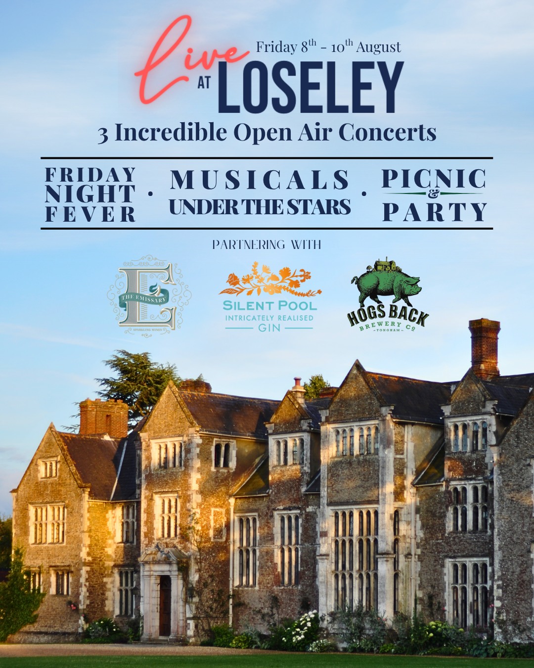 🎉 Looking for the perfect summer weekend?
Join us this August at the stunning Loseley Park in Surrey for Live at Loseley – 3 incredible open air concerts. ☀️ The sun is set to shine, the stage is nearly set, rehearsals are in full swing - and we’re ready to deliver the show of the summer.
🎟️ Tickets are flying – don’t miss out! Gather your friends, dress for the occasion, and get ready to dance, sing, and celebrate across an unforgettable weekend.
Friday 8th August - One Night at the Disco bringing hits from the 70's! Put your best Disco outfit on and meet us on the dancefloor!
Saturday 9th August - West End Stars Including Kerry Ellis, Michael Auger, Matt Henry, Emily-Mae Walker, Rob Houchen, Nadim Naaman, Grace Mouat, Esme Bowdler, the GSA Choir and The Bourne Orchestra.
Sunday 10th August - Jim Cozens, The Farleys, Loseley Country Sessions, Bloomfield Avenue bringing you Folk, Accoustic, Country and Feel-good Party.
📍Loseley Park, Surrey
🗓Friday 8th - 10th August
🎟Book Now at Liveatloseley.com
#liveatloseley #surrey #whatsonsurrey #AugustEvents #livemusic #outdoorevents #westend #musicals #summer
@kerryellis79 @michaelcollabro @mrmatthenry @emilymaewalker @robhouchen @nadim.naaman @gracemouat @esmebowdler @gsa_musicaltheatre @thebourneorchestra @charleyfarleysundayfour @natashavmmusic @bloomfieldavenueband @jim_cozens @lostinmusicshow @essentialsurrey @silentpooldistillers