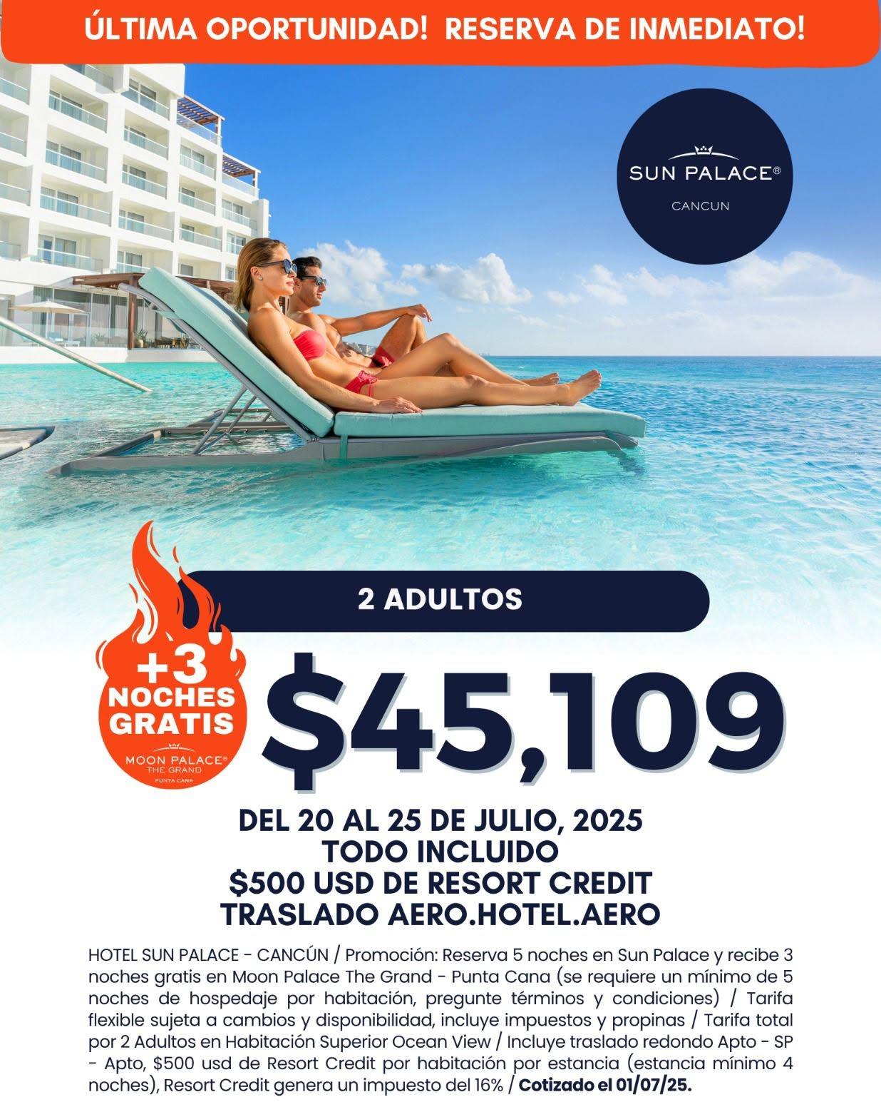 ✨Cancún te espera… vive el lujo de Palace Resorts✨
Hospedarte en Palace Resorts es más que vacacionar: es dejarte sorprender por detalles exquisitos, atención impecable, cocina gourmet, spas de autor y espacios pensados para relajarte y reconectar con quienes más amas.
Cancún te espera con una experiencia todo incluido que redefine el descanso.
🌟 Y esta semana, tu reserva viene con un regalo muy especial:
🎁 ¡3 noches GRATIS en Moon Palace The Grand – Punta Cana!
Un viaje más, en otro paraíso, cortesía de Palace Resorts 🌴✨
👨👩👧👦 2 adultos + 2 menores GRATIS
🍽️ Plan Todo Incluido
🚐 Traslados redondos al aeropuerto
💰 $500 USD en Resort Credit por habitación
🎁 +3 noches GRATIS en Moon Palace The Grand - Punta Cana
📅 Viaja en las fechas indicadas
⚠️ ¡Solo reservando esta semana del 1 al 5 de julio 2025!
📩 ¿Te gustaría viajar en otra fecha? ¡Te cotizamos sin compromiso!
Precios sujetos a cambios sin previo avisos.
💬 Escríbenos por DM o WhatsApp 984-205-2508 y asegura tu lugar en el paraíso.
#Cancún #MoonPalace #ViajesEnFamilia #PromoLimitada #TravelDeals #PalaceResorts #TravelX