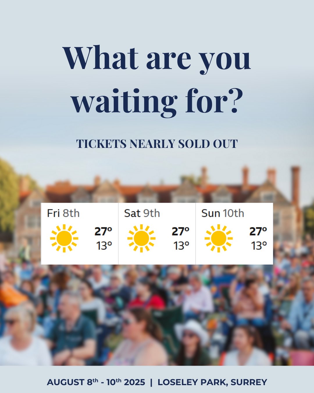 ☀️ The forecast is in… and it’s looking glorious!
Sunshine, music, and magic await at Live at Loseley, Surrey’s ultimate summer weekend.
🌤️ With blue skies predicted and the stage about to be built for three spectacular open-air shows, this is your sign – don’t miss out!
🎶 Whether you’re dancing under the stars on Disco Friday, singing your heart out on West End Saturday, or soaking up laid-back summer vibes on Picnic Sunday – it’s all happening 8th - 10th August at the stunning Loseley Park.
🎟️ What are you waiting for? Book now at liveatloseley.com
#LiveAtLoseley #SurreyEvents #OutdoorConcert #SummerFestival2025 #SunshineWeekend #LiveMusicSurrey #DiscoNight #MusicalsUnderTheStars #CountryPicnic #WhatsOnSurrey #ThingsToDoAugust