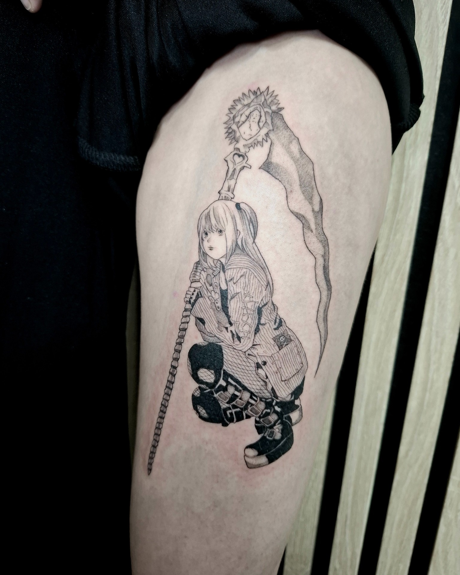 Shinigami style, forever inked 🖤⚰️ by @luneink
This sharp tribute to Death Note's Misa, done by @luneink, blends manga precision with serious presence. Every crosshatch, texture, and boot buckle pops—bringing this chaotic queen to life with grace and grit. Perfect for fans of dark aesthetics and iconic anime femmes.
✨ Want ink like this? 👉 DM @luneink or email luneink.info@gmail.com to book your spot! ✉️
Done at @thelostoasistattoo
We’re open all summer long—no need to sacrifice your soul to Ryuk, just book in with us. Enjoy a chill tattoo session in our air-conditioned studio and ask about our summer deals. Ink now, melt never. 💉☠️🍎