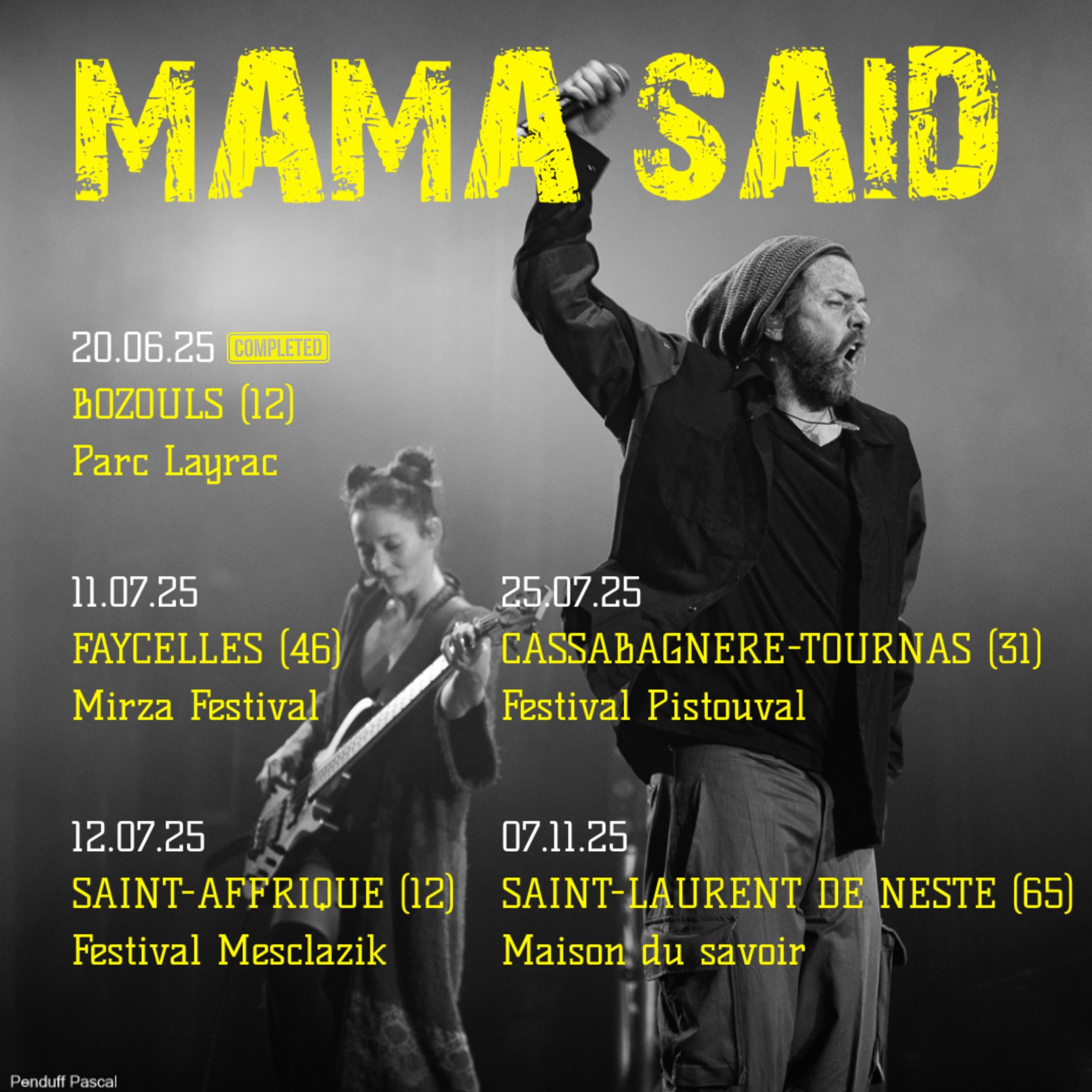 Tu trouves qu'il fait chaud ?
On continue de faire monter la température et le son de tes prochaines soirées💥
📍 20.06 – Bozouls (12) – ✅
📍 11.07 – Faycelles (46) – Mirza Festival
📍 12.07 – Saint-Affrique (12) – Festival Mesclazik
📍 25.07 – Cassabagnère-Tournas (31) – Festival Pistouval
📍 07.11 – Saint-Laurent-de-Neste (65) – Maison du savoir
Mais ce n’est pas tout… une surprise de taille vous arrive la semaine prochaine 💣
Tien toi prêt, ça va envoyer du lourd 🔊
#MamaSaid #HipHopFusion #Tournee2025 #ConcertLive #MamaSaidEnLive