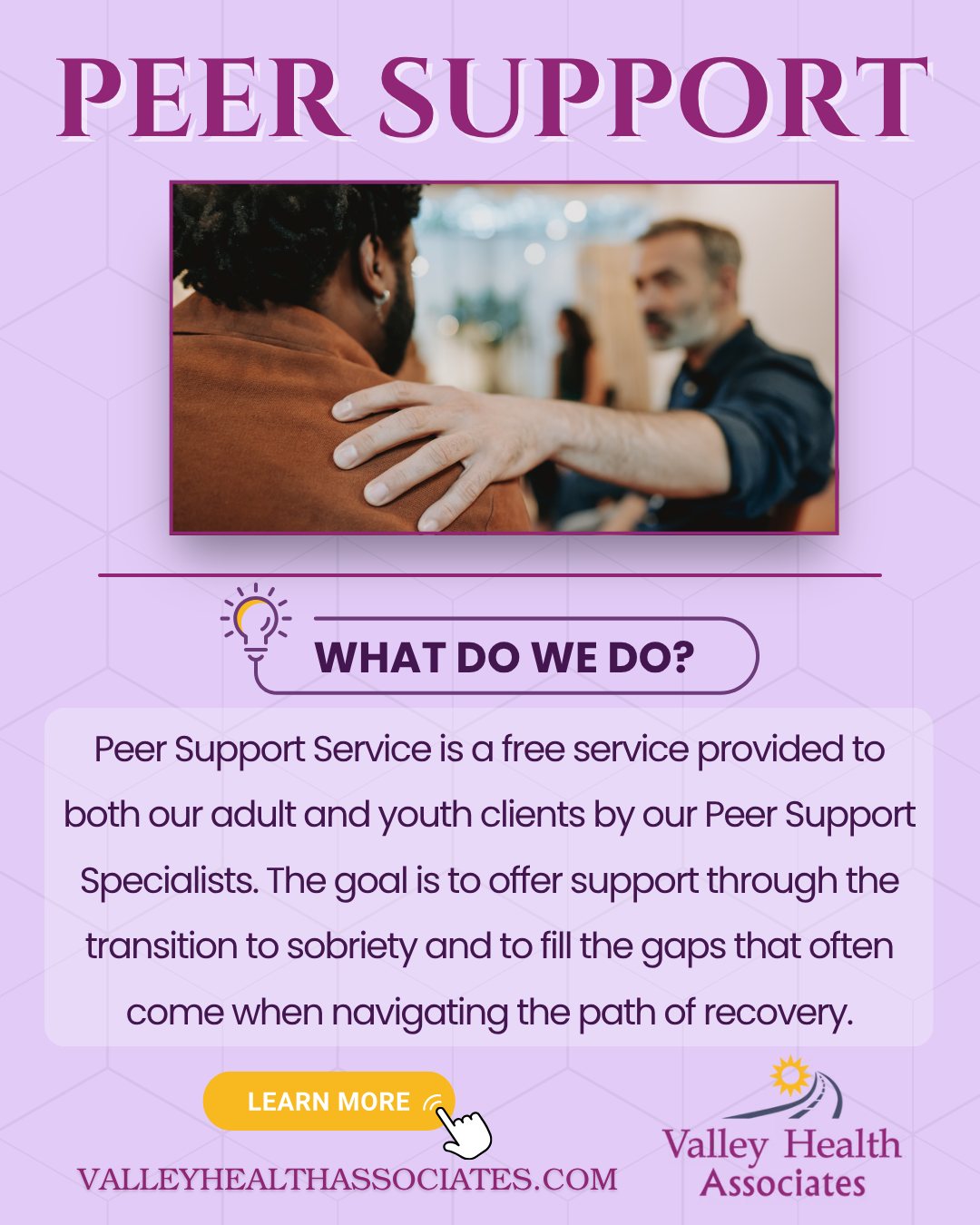 You don't have to walk the path alone. 💜
Our Peer Support Services are here to guide youth and adults through the journey to sobriety, at no cost. Let’s bridge the gap together and build a stronger recovery community.
Learn more at valleyhealthassociates.com
#PeerSupport #RecoveryJourney #ValleyHealthAssociates #CommunityHealing #YouthSupport