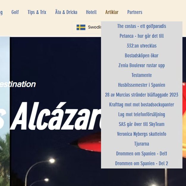 Idag: ARTIKLAR
Här hittar du artiklar som kommer bla. från Spanska Magasinet och andra källor.
https://www.destinationlosalcazares.se/artiklar
>>>>>>>>>>>>>>>>>>>>>>>>>>>>>>>>>>>>>>>>>>>>>>>>>
Jag fick en gång frågan om vad meningen är med www.destinationlosalcazares.se
Det finns massor av frågor som är kopplade till orten/destinationen Los Alcázares. De ställs ofta i Facebook-grupper. Har man tur får man ett svar på sin fråga. Sedan åker den frågan ner i flödet och repeteras troligtvis inom kort - osv. Det kan ju bli lite ”tjôtigt” som vi säger i Göteborg.
Tanken med www.destinationlosalcazares.se är att samla tips och information på en hemsida – lite mer varaktigt. Det finns en syster-site i www.destinationtorrevieja.se Dessa två sidor samarbetar med innehåll och syfte. All information finns via Google, så klart.
Nu kommer det lite inlägg under sommaren som skall förklara vad du kan hitta. Syftet är så klart att så många som möjligt använder sig av sidan och besöker den frekvent.