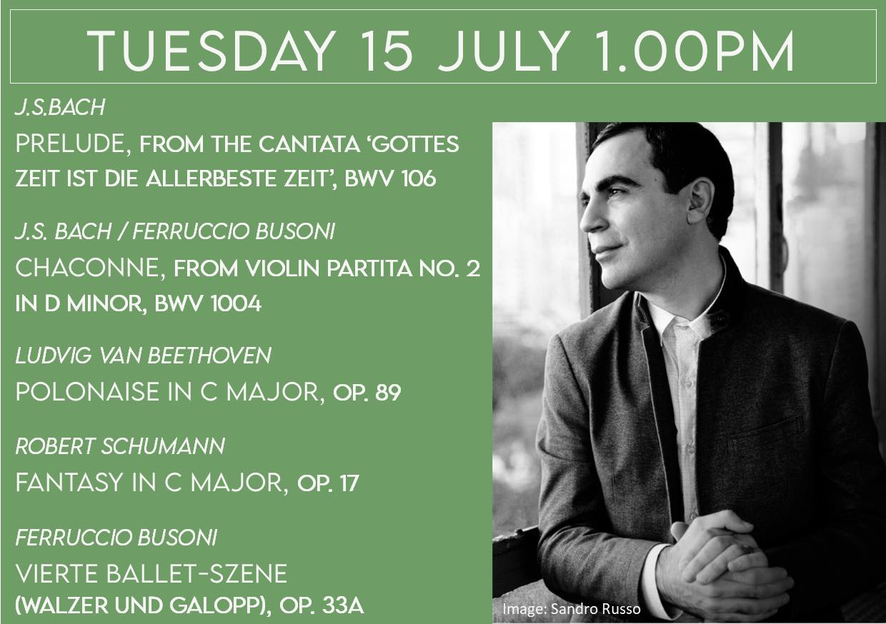 Next week, Tuesday 15 July, is the final lunchtime recital of the summer term and we have a treat in store as we look forward to welcoming Sandro Russo as our recitalist to St Paul’s.
Sandro is a New York City-based concert pianist and Steinway Artist. Described as a ‘pianist’s pianist’ and acclaimed for his profound sense of poetry and distinctive style, Sandro Russo has been in demand as a soloist in many venues around the world. He has received accolades for his sparkling virtuosity, and his playing has often been referred to as a throwback to the grand tradition of elegant pianism and beautiful sound.
Sandro’s impressive concert programme for us features, among other works, Schumann’s Fantasy in C, described as one of the composer’s greatest works for solo piano.
The summer series has been a great success and very well supported by both our audience and the musicians. Alison Phillipson, Concerts & Recitals Organiser says: “We are grateful to all of the musicians, whether from the RCM, Philharmonia, from the talented pool of local musicians or from farther afield, who have so readily agreed to perform. Many thanks again also to our loyal audience for your enthusiasm in supporting our music programme; so many performers have said to us how much they appreciate your warm welcome.
“We have another packed programme for you this Autumn and do hope you will enjoy it. In the meantime please keep in touch, if you haven't already signed up, through our Thursday concerts email which gives up to the moment updates of what is happening”.
The recitals team has lined up another wonderfully varied range of quality musicians and recitals to look forward to in the Autumn term.
Now confirmed, you can collect a copy of the programme from church.
Finally, please note that the start of the organ recital for this Saturday July 12th has been moved to 1.00pm to fit with the schedule of the St Paul’s Open Day. Recitals are free with a retiring collection, suggested minimum donation £5.
We wish you an enjoyable remainder of the summer and thank you for your continued support of our recitals at St Paul’s.
St Paul’s Concert Team
(Registered Charity 1134614)