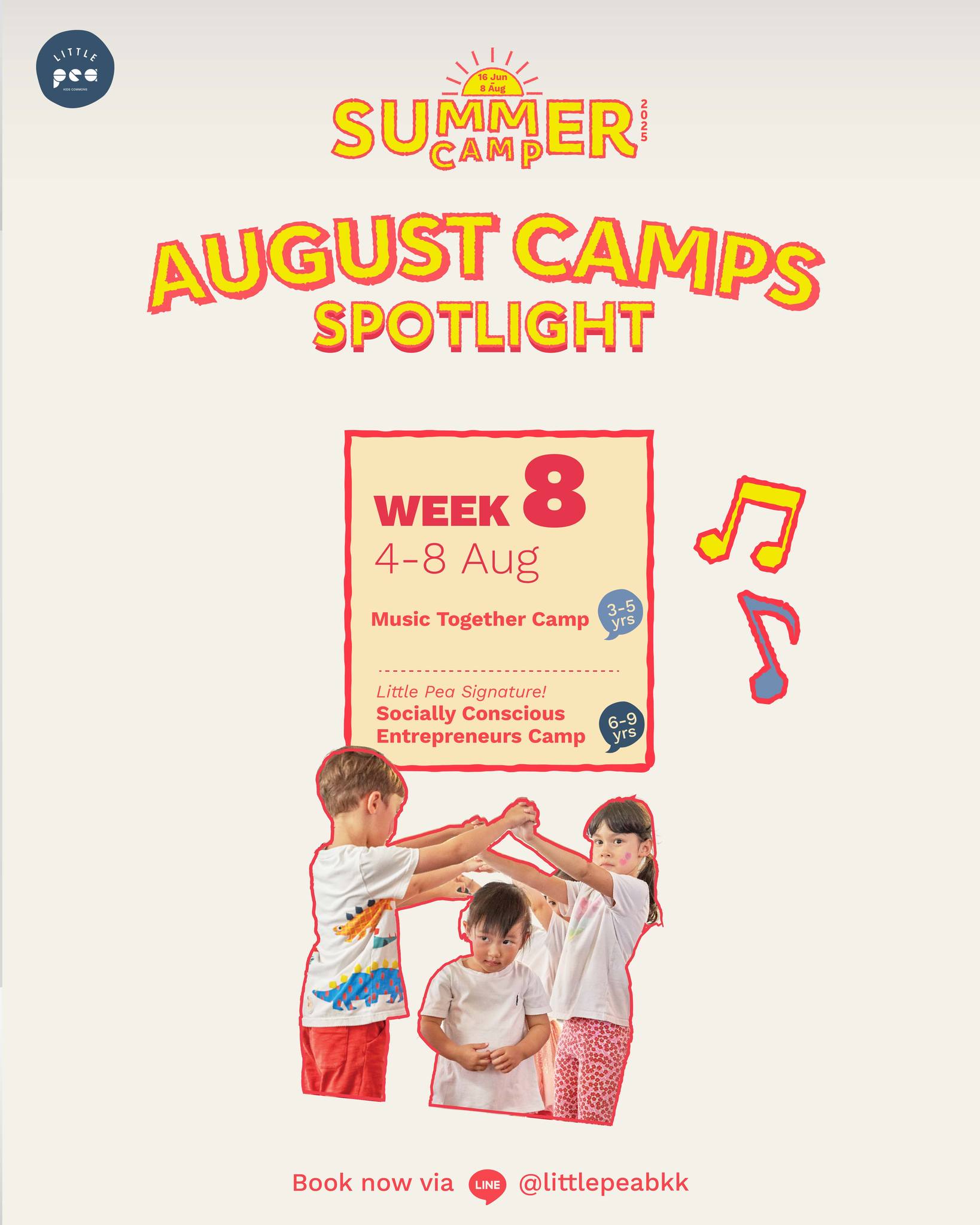 🌞 Last call! We’re ending Summer Camp 2025 with a bang! 🎉 Our final week features two signature camps that spark creativity and confidence. Mini groovers at Music Together Camp will jam, express emotions, and tell stories through songs. Young creators at Socially Conscious Entrepreneurs Camp will design products, create a kind business, and host pop-up booths at our Summer Soirée. Don’t miss the grand finale! 🥁💡
💥 Book now via Link in Bio or Line @littlepeabkk
(Week 8) 4 - 8 Aug
🎶 (3 - 5 yrs) Music Together Camp): Clap, sing, & boogie!
♻️ (6 - 9 yrs) Socially Conscious Entrepreneurs Camp - Turn ideas into business!
____________
🌞 ปิดท้าย Summer Camp 2025 อย่างน่าประทับใจ! 🎉 สัปดาห์สุดท้ายของเรามาพร้อม 2 แคมป์สุดสร้างสรรค์ ที่จะช่วยจุดประกายทั้งจินตนาการและความมั่นใจให้น้องๆ
🎶 Music Together Camp สนุกกับเสียงเพลง ถ่ายทอดอารมณ์ และเล่าเรื่องผ่านบทเพลง
💡 Socially Conscious Entrepreneurs Camp สำหรับนักคิดตัวจิ๋ว ที่จะได้ออกแบบสินค้า สร้างธุรกิจที่มีหัวใจ และจัดบูธป๊อปอัปจริงในงาน Summer Soirée
💥 จองเลยผ่าน Link in Bio หรือ Line @littlepeabkk
____________
#LittlePeabkk #LittlePea #theCOMMONSbkk #LittlePeaSummerCamp #SociallyConsciousKids #EntrepreneurCamp #LittlePeaSummerSoiree