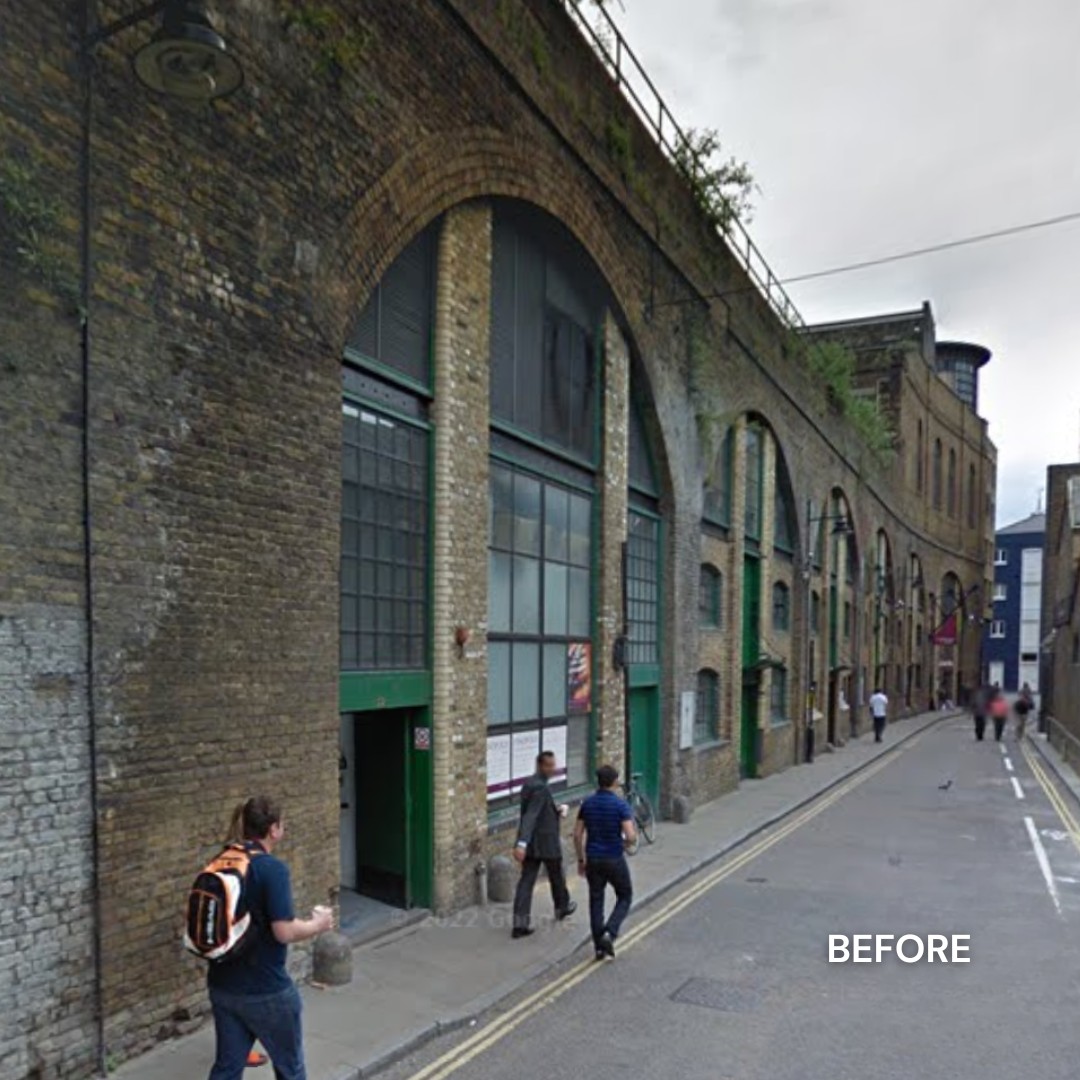 Before and after 🔎
When we restored these heritage buildings in the heart of the Capital, we repurposed 8,500 sq m of railway arches for brands to use as their canvas to create and innovate.
These before-and-after viewpoints show the huge impact the transformation had on the local area.