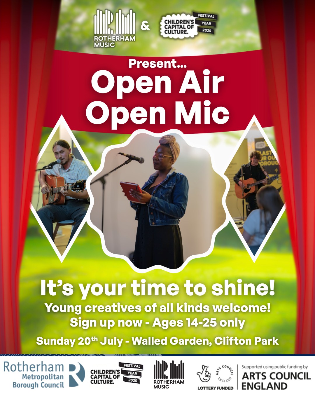 There's still time to sign up for our Open Air Open Mic!
Are you a young singer or poet? Maybe a musician or a comedian?
Aged between 14 and 25?
Then don't hesitate to sign up for the Open Air Open Mic, arranged by Rotherham Music in collaboration with @ccoc_rotherham2025. We'll be hosting it on July 20th at the Clifton Park Walled Gardens.
Interested? Sign up now with the link below:
https://forms.office.com/e/jsfMUvyFyU
#Guitars #youth #RotherhamIsWonderful #youngcreatives #creativeopportunities #RMBC #makemusic #southyorkshire #localmusic #talent #community #local #musicianlife #youngmusicians #Music #performance #free #Rotherham #events #LiveEvent #childrenscapitalofculture2025 #callout #summer #talentshowcase #localartists