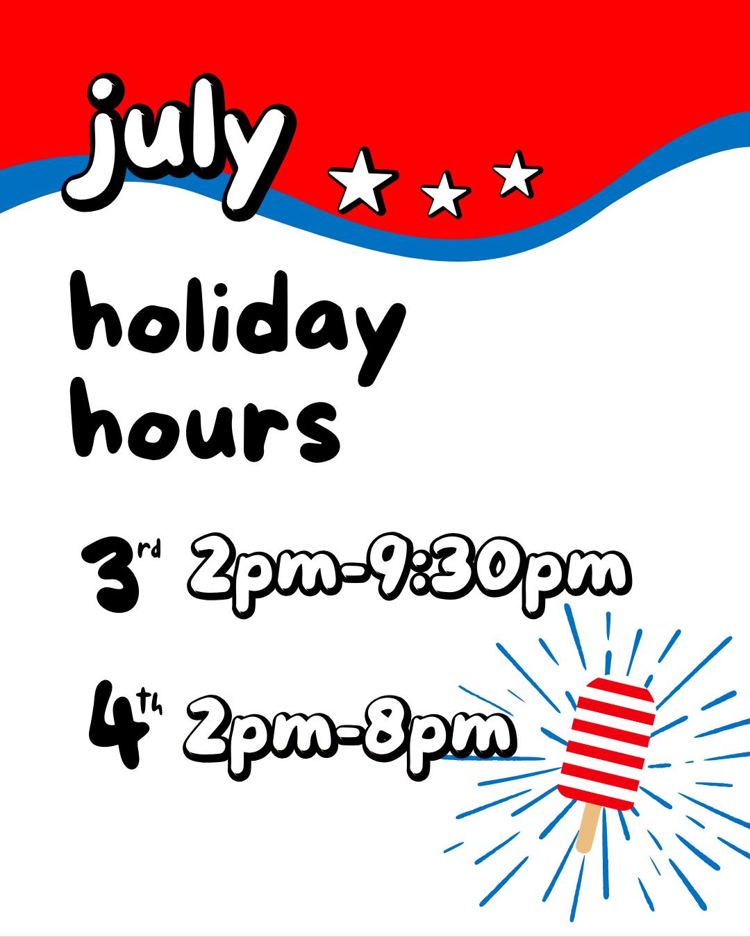 Open late for fireworks ✨ and open all weekend long with your favorite frozen treats - whether you’re pre-gaming the fireworks or just need a cool down between BBQs.
🧨 Yes, we’re open July 4th
🎇 Yes, we’re staying open late for the fireworks
🍦 Yes, you should probably stop by :)