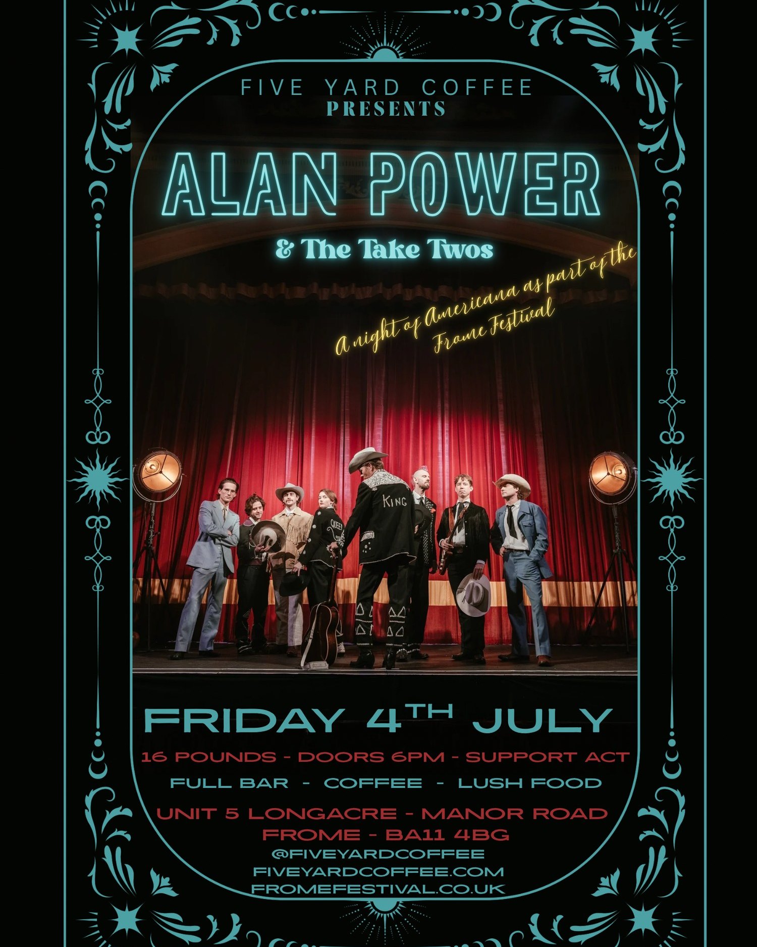 🎶✨ Tonight at 6pm! @fiveyardcoffee presents… ALAN POWER & The Take Twos are back on our stage for a night of Americana to kick off the Frome Festival! 🎉
Get ready for incredible music all night long (support acts tba), lush food 🍽️, and a full bar 🍹 featuring coffee ☕ & cocktails 🍸, all while enjoying the comfort of our @partybench tables and benches!
🚨 TICKETS NO LONGER AVAILABLE ONLINE. But some will be available at the gates tonight! 🎟️
#FromeFestival #LiveMusic #Americana #AlanPower #TakeTwos #Partybench #Foodie #Cocktails #MusicLovers #ConcertNight #FiveYardCoffee
