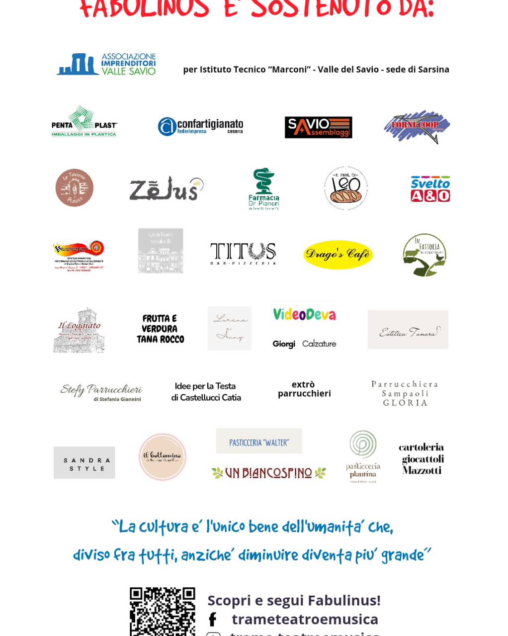 Ciao a tutti! 🎭✨
Vogliamo condividere con voi una bellissima iniziativa dedicata ai giovani della Valle del Savio! 🎉 Si tratta di un progetto teatrale rivolto ai ragazzi da parte di trame.teatroemusica Nella locandina trovate le date degli spettacoli di FABULINUS.
Inoltre, vogliamo mettere in evidenza la presenza della nostra scuola superiore tecnica IT T Marconi, che offre un percorso formativo di qualità e opportunità nel settore tecnologico - meccatronico . 🚀💻
Se conoscete giovani interessati a saperne qualcosa in più e intraprendere un percorso scolastico stimolante, condividete questo messaggio! Insieme possiamo far crescere una comunità più forte e creativa. 💪🎭
#ValleDelSavio #TeatroGiovani #IttMarconi #Formazione #Cultura #GiovaniInAzione