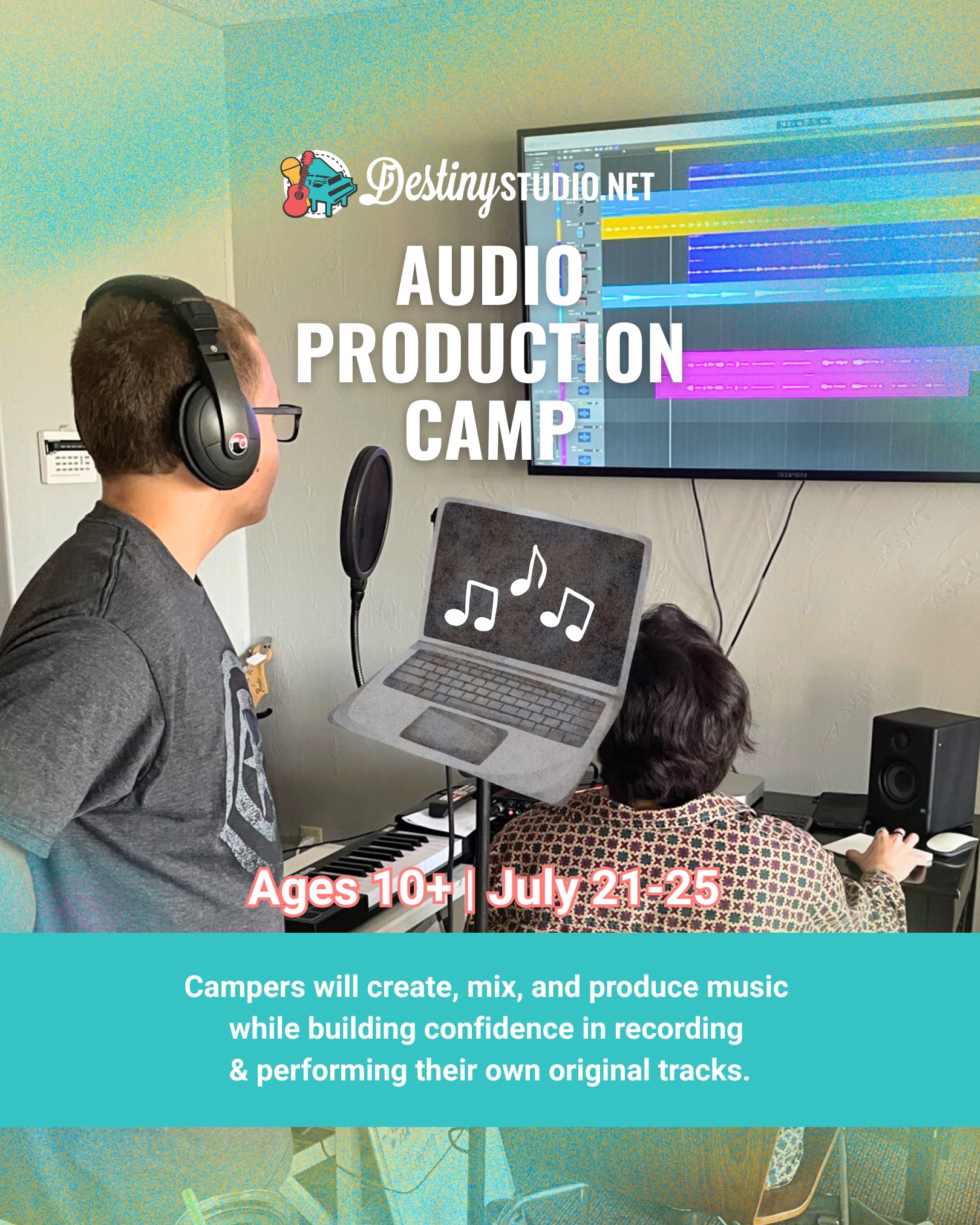 🎧 Ready to make music like a pro? At our Music Production Camp, campers don’t just learn—they create! From recording to producing, they’ll craft their very own track to take home and share. Spots are limited—let’s make some noise! 🔥
🗓 July 21 - 25 from 9 am to 1 pm
Ages 10 and up!
📍Destiny Studio | 9901 E Bankhead HWY Suite C, Aledo 76008
Comment for more info!
#FortWorthTX #WeatherfordTX #AledoTX #BenbrookTX #FortWorthMoms #WeatherfordMoms #AledoMoms #benbrookmoms #DFWKids #DFWMusicLessons #SummerCampDFW