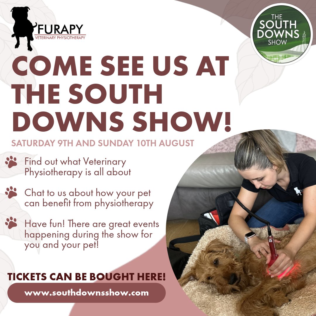 We are excited to be at this year's South Downs Show! 🐾
⭐This great event is held over Saturday and Sunday showcasing local businesses and some fun things for you and your pet to get involved with. We are particularly looking forward to the dog shows and displays!
🐕At our stall we will be here to chat to you about the wonders of physiotherapy and how it could benefit your dog, provide some tips and tricks to keep your dog happy and mobile, and have fun meeting your four legged friends!
Be sure to keep an eye out for our exclusive show discounts too 👀
For tickets visit https://www.southdownsshow.com/
For more information about us, visit www.furapy.uk or follow us @furapy.uk