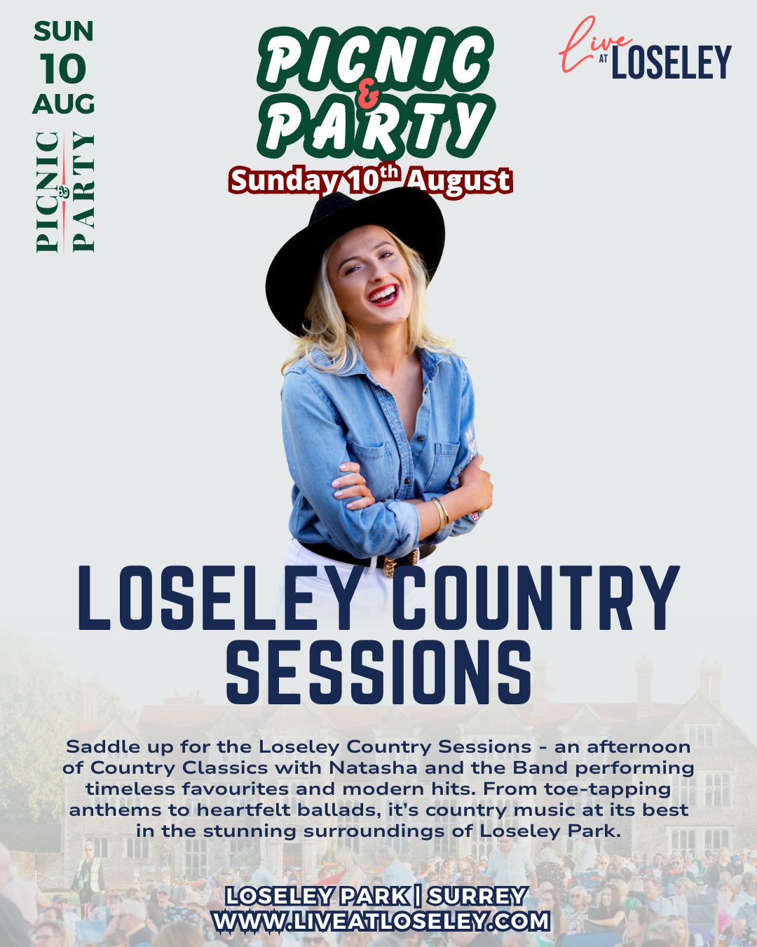 Loseley Country Sessions joins the Sunday Line-Up! 🎶
Get ready to kick back and soak up the sunshine with a brand new addition to our Sunday Picnic & Party - the Loseley Country Sessions, headlined by the brilliant Natasha and the Band.
Bringing the heart of Nashville to the Surrey countryside, Natasha – star of TV’s Keep It Country - and her band will perform a full set of country favourites. Expect a feel-good mix of classic country hits and contemporary chart-toppers, all delivered with warmth, charm, and that irresistible southern sound.
Whether you’re a lifelong country fan or just in the mood for good music, good food, and good vibes, this is the perfect Sunday soundtrack.
🗓 Sunday 10th August
📍 Loseley Park, Surrey
🎟 Still some tickets left – but going fast!
🍔 Food trucks, fully stocked bars & more live acts across the afternoon
It’s the ultimate summer Sunday – sunshine, picnics, prosecco, and now the best of country too. Saddle up and book now at www.liveatloseley.com – y’all don’t want to miss it!
#LoseleyCountrySession #LiveAtLoseley #CountryMusicUK #CountryFestivalSurrey #SurreyLiveMusic #CountrySunday #NatashaAndTheBand #PicnicAndParty #FamilyFestivalSurrey #CountryPopLive #SundaySessionsLoseley #CountryMusicLovers #SurreyEvents2025 #OutdoorMusicFestival #SummerCountryVibes
