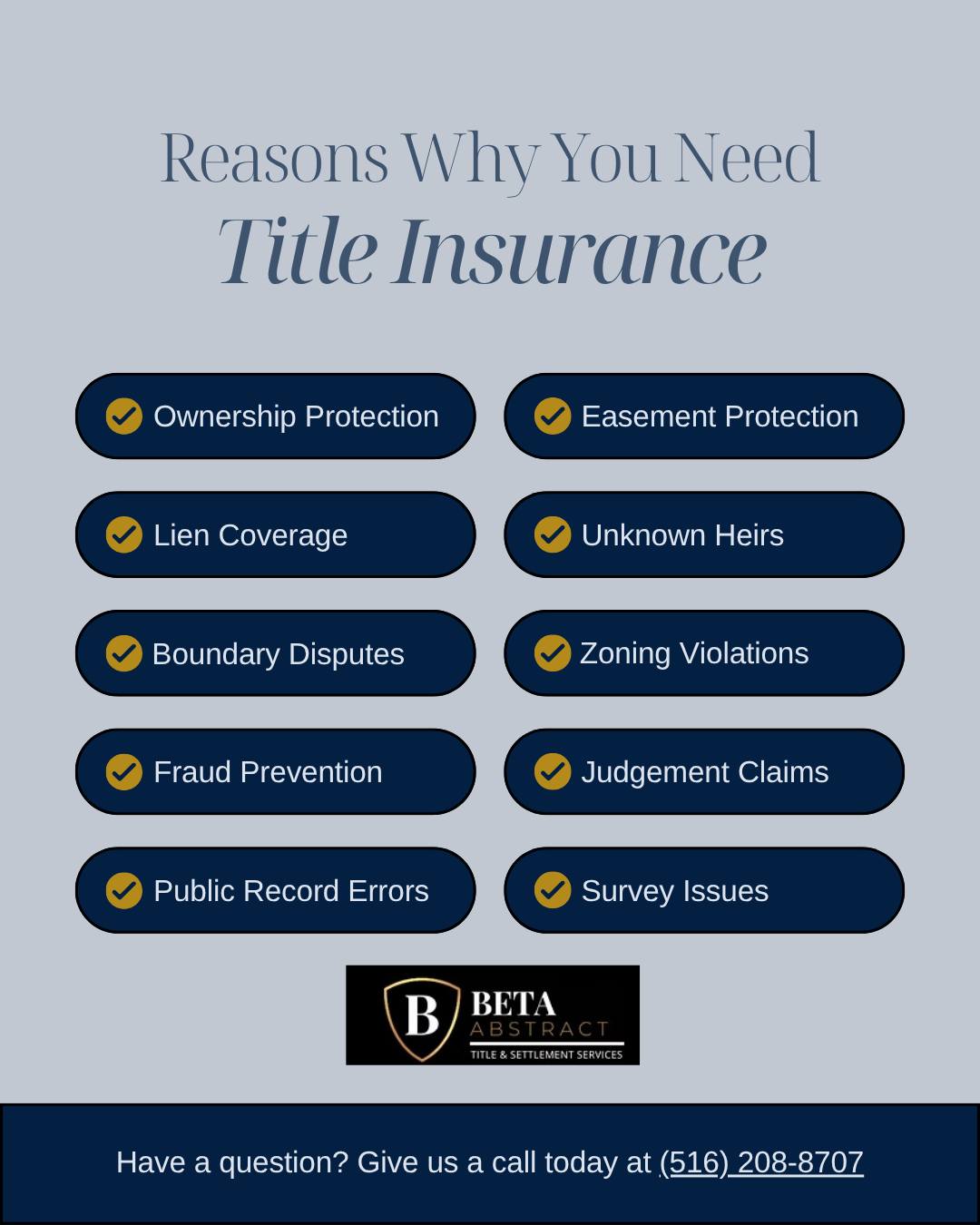 🔑 Thinking of buying a home?
Don’t skip title insurance — it protects you from hidden risks like unknown heirs, fraud, and boundary disputes. 🏠🛡️
Got questions? We’ve got answers.
Call us today 516-208-8707 📞
#TitleInsurance #RealEstateTips #HomeBuying #ClosingDay #HomeOwnership #PropertyProtection #BetaAbstract