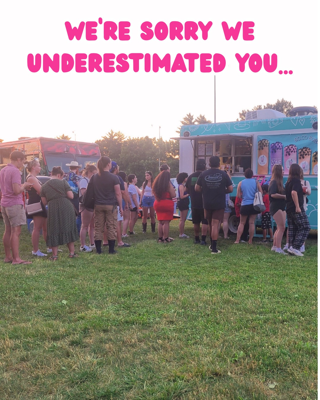 We know a thing or two about efficiency, but lately it’s been a little tougher to keep up as word keeps spreading (which blows our minds, by the way).
We are so grateful for your patience, excitement, and the love you’ve shown our not-so-tiny truck. If you’ve ever waited 5 minutes or 55 minutes, thank you.
We’re working hard behind the scenes to improve our systems, add more team members, and keep things moving so you can sip your favorite drink sooner— without losing the quality and heart you’ve come to expect from us.
Thank you for showing up for us. We promise to keep showing up for you.🧋