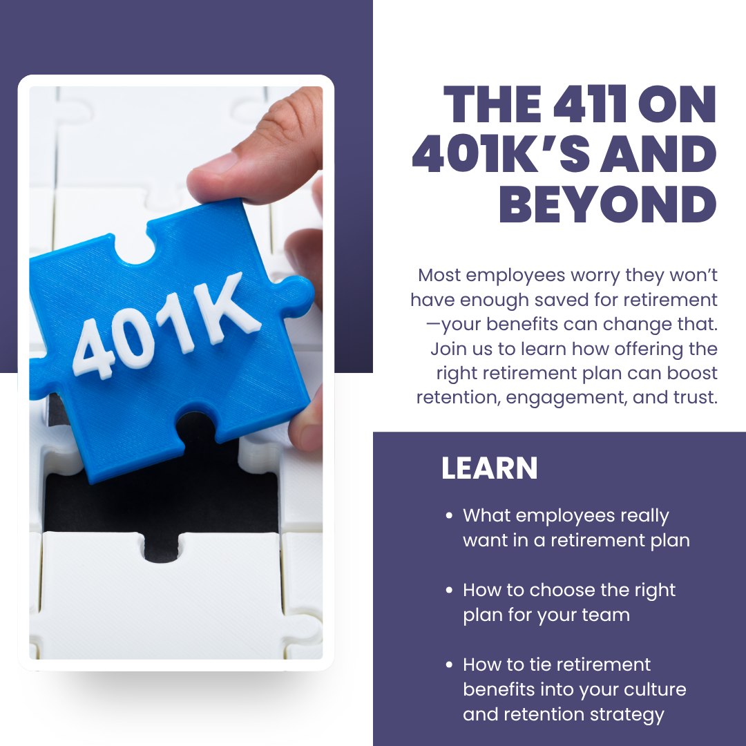 Your employees are thinking about their future. Are you?
Only 54% of Americans have a retirement account—and many aren’t confident it’s enough. That’s where you come in.
Offering the right retirement plan isn’t just a benefit—it’s a strategic move to attract top talent, boost retention, and show your team that you’re invested in them beyond the paycheck.
This isn’t just about compliance—it’s about culture, care, and keeping your best people.
📅 Wednesday, July 16th at 11:30am
📍 https://www.hrnni.org/event-details/the-411-on-401ks-and-beyond-3