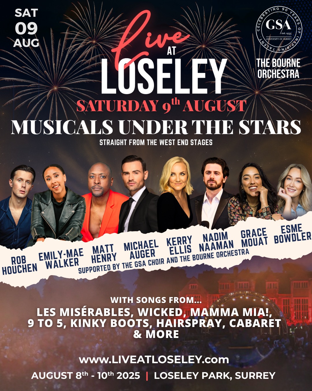 🌟 The full line-up is here… and this is the show.
Kerry Ellis, Michael Auger, Matt Henry, Nadim Naaman, Emily-Mae Walker, Rob Houchen, Grace Mouat, Esme Bowdler with the GSA Choir and The Bourne Orchestra - does it get any better?
8 Iconic West End Performers and one unforgettable night of Musicals Under the Stars. With iconic songs from Les Misérables, Wicked, Mamma Mia, 9 to 5, Kinky Boots, Hairspray, Cabaret and more - you are not going to want to miss this!
Set against the breathtaking backdrop of Loseley Park, Surrey, this is live musical theatre like you’ve never experienced before – under the open sky, surrounded by friends, fizz, food and the sound of West End stars bringing the magic to life all topped off with a fabulous firework finale.
🎟 Go General Admission, Gold Circle (Nearly Sold Out) or VIP but whatever you do - don’t wait, tickets are selling fast!
📍 Saturday 9 August | Loseley Park, Guildford
🎫 www.liveatloseley.com
#LiveAtLoseley #MusicalsUnderTheStars #GuildfordEvents #OutdoorTheatreSurrey #KerryEllisLive #SurreySummerConcert #LoseleyPark #WestEndStarsLive #GuildfordWhatson #SurreyMusicalConcert #OpenAirMusicals #SurreyLiveEvents #GuildfordSummerNights #LiveTheatreSurrey #FamilyFestivalGuildford