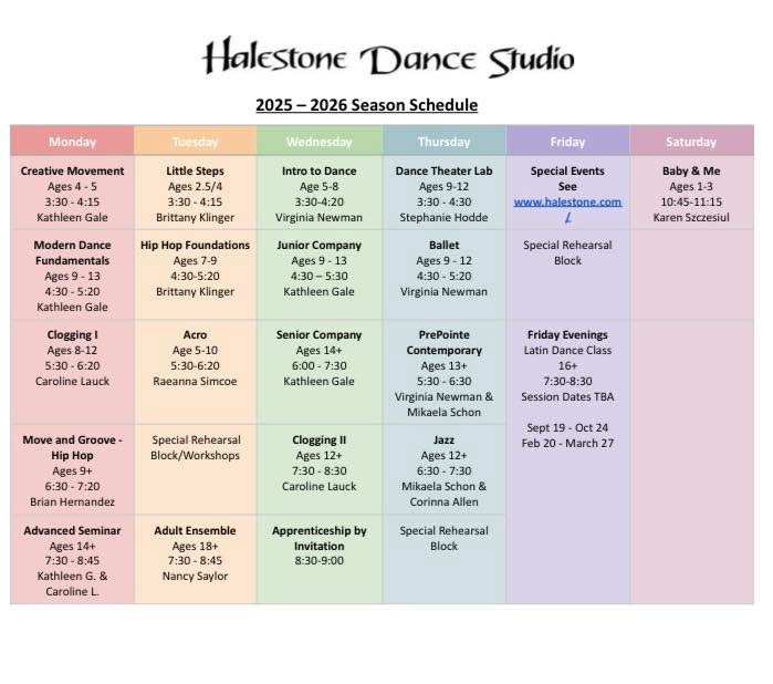 Announcing our 25-26 Dance Schedule!🎉🕺
Registration opens NEXT WEEK! What classes are you signing up for?
Questions about our classes, curriculum, or placement? Email kathleen@halestone.com
Questions about registration or payment plans? Email studiomanager@halestone.com
#halestonedancestudio #halestone #communityinmotion #anyoneandeveryonecandance #rockbridgecountyva #lexingtonva #buenavistava #danceclass #adultdanceclasses