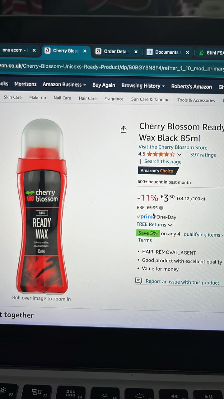 Sorry Amazon it’s either boot polish or a hair removal agent?