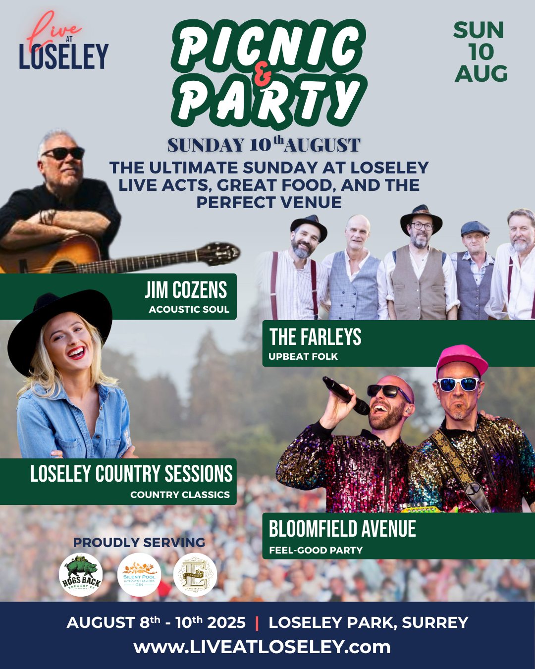 🎶 The ultimate summer Sunday is calling...
Join us on Sunday 10th August for a laid-back day of sunshine, live music, great food, and the perfect countryside setting at Loseley Park.
From smooth pop and country classics to all-out party favourites – our Picnic & Party Sessions are your perfect excuse to round off the weekend in style.
🎤 Sunday Line-Up:
🌟 Jim Cozens – Soulful, feel-good pop with a country twist
🌟 The Farleys – Family band bringing vintage pop flair and fun
🌟 Loseley Country Sessions ft. Natasha – Country classics and big harmonies
🌟 Bloomfield Avenue – Party anthems and timeless hits
🧺 Pack a picnic or grab something delicious from one of our food vendors (burgers, pizza, steak & chips, falafel wraps + more!)
🍹 Enjoy local drinks from Hogs Back Brewery, Tipsy Can cocktails, The Emissary Prosecco DOC, and Silent Pool Gin, all served at our fully stocked bar.
🎟 Tickets are selling fast – especially now with VIP and Gold Circle almost gone for the weekend!
Whether you’re a family, a group of friends, or just love live music in the sun – Sunday is your day.
📍 Loseley Park, Surrey
🕐 Gates open from 12:30pm
🎫 Tickets available now at www.liveatloseley.com
#LiveAtLoseley #LoseleySundaySessions #PicnicAndParty #BloomfieldAvenue #JimCozensBand #TheFarleys #LoseleyCountrySessions #CountryMusicUK
#SurreyEvents #LiveMusicSurrey #FamilyFestival #OutdoorLiveMusic #SurreySummerFestival #SundayFunday #GuildfordLiveMusic