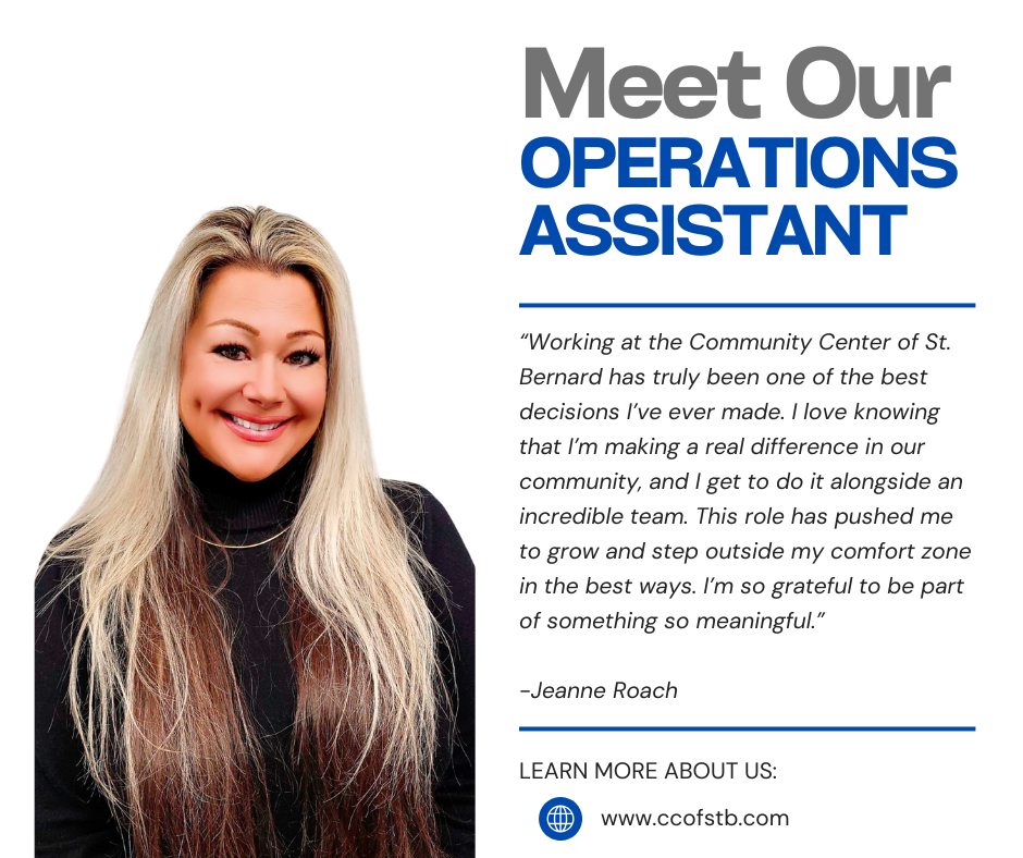 💻 www.ccofstb.com
📧 communitycenterstb@gmail.com
📪 PO Box 1307, Chalmette LA 70044
📍7143 Saint Claude Avenue, Arabi LA 70032
👉 Tuesday, Wednesday, & Thursday 8am-2pm