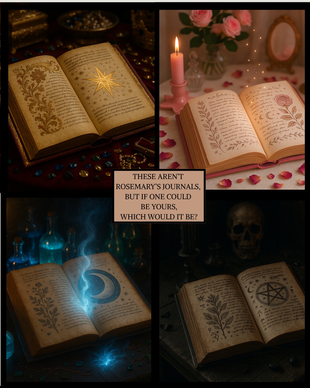 Every potion in this grimoire demands a sacrifice.
Healing never comes without a cost.
If you could choose a journal like Rosemary’s…
Which one would call to you?
#BookishAesthetic #ReadMoreFantasy #BooksWithBite #FaeFantasy #DarkFairyTale #FantasyBooks #RomantasyReads #DarkRomantasy