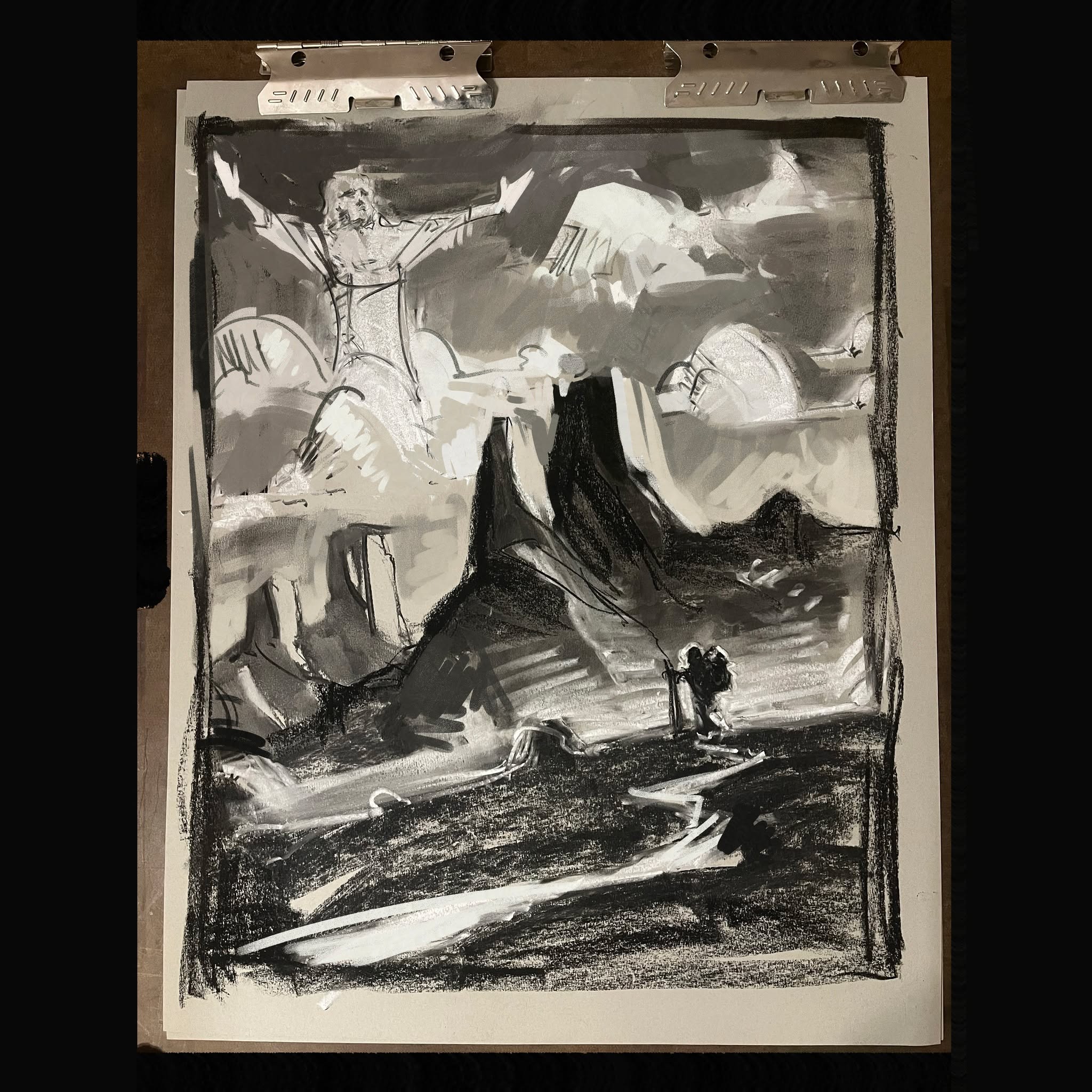 Two images from last Sunday's continuing sermon series on Living Stones with @youth_pastor_nick .
Nick asked me to create some imagery while he shared about a special journaling technique he's been diligent in developing connected to Philippians 4:4–9
Image 1 was heavily inspired by a recent journey to Colorado, and some of our youth pastor's love of climbing. In a text to me, Nick mentioned his love of the grip and feeling of granite. When I was at the location depicted in the image, I thought about his message. I remember specifically grabbing some climbing holds on the rock and thinking about the feeling of the texture and the coolness of the rock.
The figure in the clouds is inspired by the Christ the Reeder statue in Brazil, another location our youth pastor has visited on a number of missional journeys.
Image 2 was during worship; our pastor Adam shared a passage that mentioned the Israelites crossing the Red Sea.
Image 3 for context of size and space.
I did a few digital edits for clarity and readability, but they are all created with charcoal materials on toned paper. These images are simultaneously fun and terrifying for me, as often go in blind and have to rely on the Lord for provision.