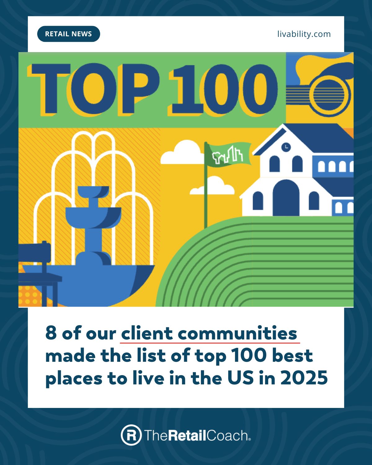 A robust retail market drives quality of life in communities. That’s one of the reasons #WeRecruitRetail. Excited to see eight of our client communities across the country highlighted in the Top 100 Best Places To Live!
Read more: https://livability.com/best-places/top-100-best-places-to-live-in-the-us/weath
-
#TheRetailCoach #RetailRecruitment #25YearsofRetail #EconomicDevelopment #CommunityDevelopment #WeRecruitRetail #RetailGrowth #Retail360