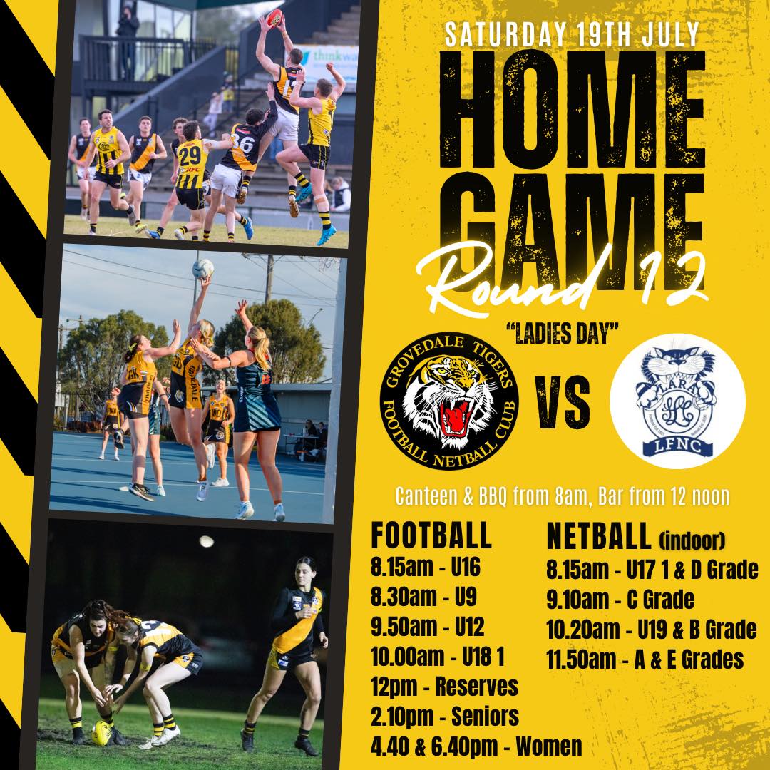 🟡 ⚫️ROUND 12🟡⚫️
Fresh from the bye, we return to Burdoo Reserve this Saturday to host Lara. We are also celebrating Ladies Day from 2.30pm in the clubrooms and hope you can join us 🥂
Netball game times have changed for Ladies Day and there are Friday night games for U13s at 6pm and U15s at 6.55pm.
Good luck to all teams 🐯