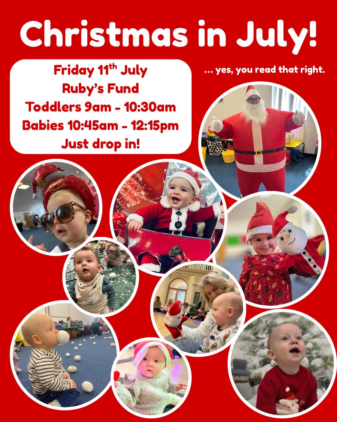 Heatwave? That means it must be time for… Christmas in July! Because nothing says festive like sweating through tinsel and pretending your iced coffee is mulled wine! 🎄
Just drop into one of the following sessions:
Toddlers 9am - 10:30am
Babies 10:45am - 12:15pm
**Please note that there will be multiple mascots during these sessions**
Flexible arrival time - anytime after the class’ start time you can come straight upstairs to the main room where you have up to 30 minutes to settle in and chat with other parents.
Unlimited refreshments, toast (and sweet treats) are served for the first 30 minutes of each session.
£8 and additional attendees over 12 months are an extra £1.
Just drop in and pay (cash or card) on the door.
We will see you tomorrow!
BABY SLEEPING GUARANTEE - we understand that some babies may take a few weeks to settle into a new session, but this should not stop you from meeting other new families and getting out the house! Therefore if your baby sleeps for more than 25 minutes in the Baby Boogietime Session (about half the session and not including refreshment/social time) we will give you a comeback voucher to attend your next session for free.
#boogietime #congletonbusiness #congletontown #mybabytime #congletoncheshire #congleton #rubysfund #boogietimebaby #congletonmums #babyclasses #classes #childrensclasses