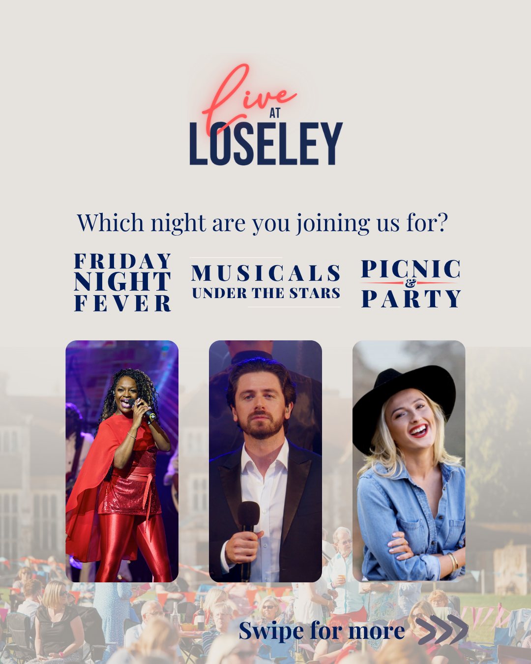 🎟 Which night are you joining us at Live at Loseley?
Whether you're dancing under the disco ball on Friday 8th August with Lost in Music, singing your heart out to West End showstoppers on Saturday 9th with Musicals Under the Stars, or soaking up summer vibes at our laid-back Sunday Sessions on the 10th with live folk, country and pop - there’s something for everyone.
🌞 Incredible music, gorgeous food, VIP options, and one of Surrey’s most spectacular settings: Loseley Park.
✨ Tell us your night in the comments 👇 and don’t wait – tickets are selling fast!
🎫 www.liveatloseley.com
#LiveAtLoseley #LoseleyPark #SurreyEvents #SurreyFestival #OutdoorConcertUK #GuildfordEvents #FamilyFestivalSurrey #WestEndLive #DiscoNight #MusicalTheatreFestival #CountryMusicUK #SurreyWhatson #PicnicConcert #LiveMusicSurrey #SummerInSurrey @visitsurrey @whats_on_guildford @bigmouthguildford@visitguildford @essentialsurrey