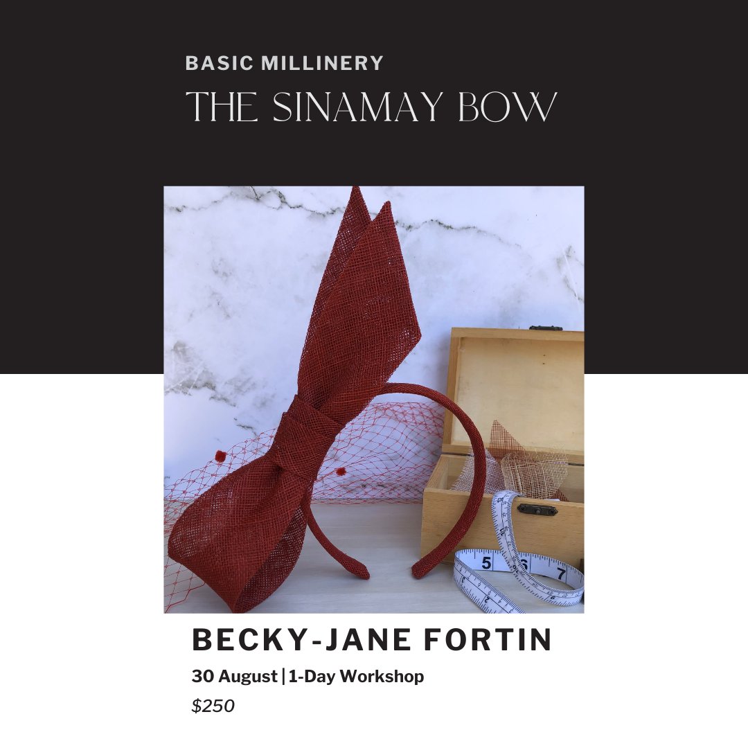 Learn the basics of millinery and and working with Sinamay with milliner Becky-Jane Fortin.
Sinamay is a popular hat-making foundation fabric, woven from processed abaca stalks – a type of banana native to the Philippines. Abaca fibre is stronger than silk or cotton and can last for over 100 years.
In this full-day workshop, you will learn essential millinery techniques including edge rolling and folding, bias cutting, covering a headband, manipulating and steaming Sinamay, and invisible stitching.
You will apply these skills to fashion a variety of decorative bows to be attached to headbands to create an variety of stylish headpieces.
This workshop is suitable for absolute beginners and will appeal to skilled sewers interested in expanding their skills, fashionistas, costumiers, those interested in vintage fashion. At the end of the workshop, you will take your completed headpieces home with you.
#ballarat #ballaratlife #visitballarat #ballaratvictoria #supportlocal #regionalvictoria #creativeclasses #craftworkshop #meetthemaker #millinerycourses #millineryclasses #hatmakingcourses
#millineryworkshop #learnmillinery #millinerymaker