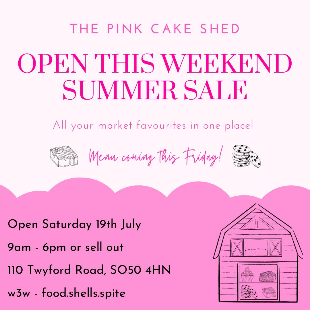 🩷It's that time again for The Pink Cake Shed 🩷
Open Saturday 19th July 9am-6pm (or sell out)
Menu posted on Friday 😋
#cakeshed #pinkcakeshed #thepinkcakeshed #cakestogo #honestybox #thepinkcakeshed #cakehonestybox #homemade #cakemaker #cakeartist #foodstagram #smallbusiness #cakestagram #cakesofinstagram #marketstall #supportlocal #supportsmallbusiness #thepinkcaketent #mariascakesandbakes #eastleigh #southampton #romsey #hampshire