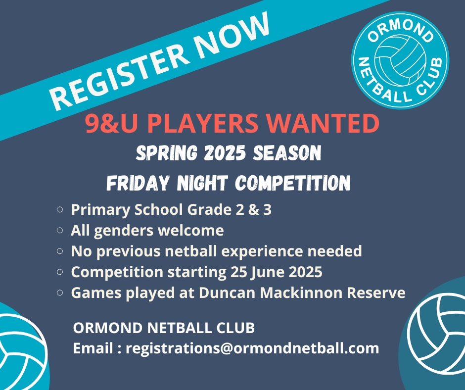 We are looking for U9 netball players - no previous netball experience needed. Keen to join Ormond Netball Club? Reach out to registrations@ormondnetball.com to lock in your spot.
đ
Season starts: 25 July
đ Game time: Fridays at 5PM at Duncan Mackinnon Reserve
đ Training: Wednesdays, 4:30â5:30PM
⨠Each week, one player will take home a Player of the Match prize thanks to @cafe_brightside & @hendricks_burgers đ
đ
At the end of the season, one star from each team will be awarded the prestigious @ormondnetball & @mogortho Coaches Award.
Letâs make this season one to remember!
#SpringNetball #U9Team #NetballSeason2025 #GameDayVibes #FutureStars See less