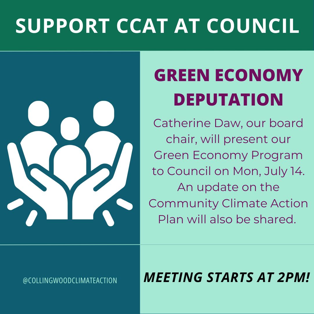 Big day at Council this Monday! 🌿 Our board chair Catherine Daw will present our Green Economy Program, alongside an update on the Community Climate Action Plan from the Tamarack Institute. Come show your support — meeting starts at 2pm! #GreenEconomy #ClimateAction #Collingwood #climateaction #communityclimateaction #ccap