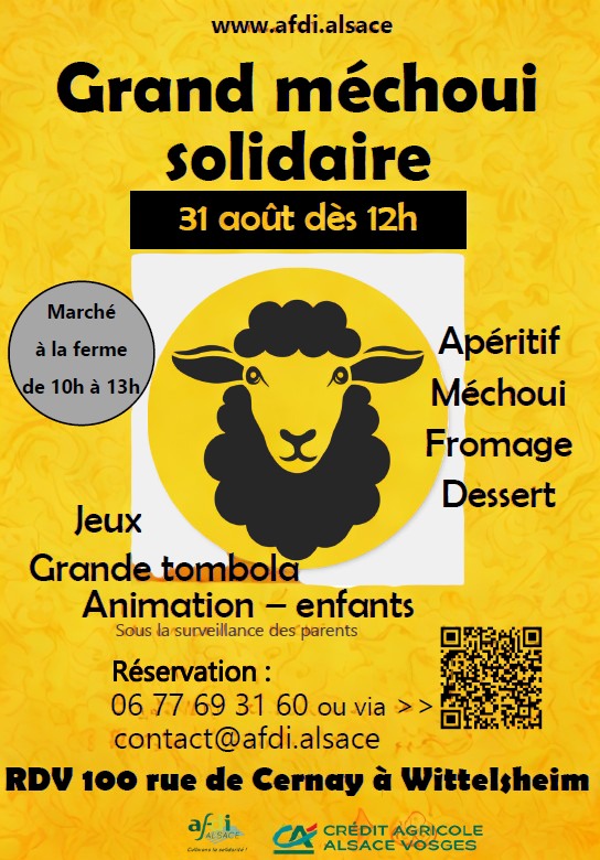 🔥🐑Ensemble autour d’un bon méchoui !🐑🔥
>> Rendez-vous le 31 août à Wittelsheim <<
Ambiance festive, repas savoureux, jeux pour enfants, tombola, marché à la ferme...
Tout y est pour passer une journée inoubliable !🎉
Pour pouvez-vous inscrire dès à présent :
Par téléphone au 06 77 69 31 60
Par mail à contact@afdi.alsace
Ou par internet sur https://www.helloasso.com/associations/afdi-alsace/evenements/mechoui-solidaire